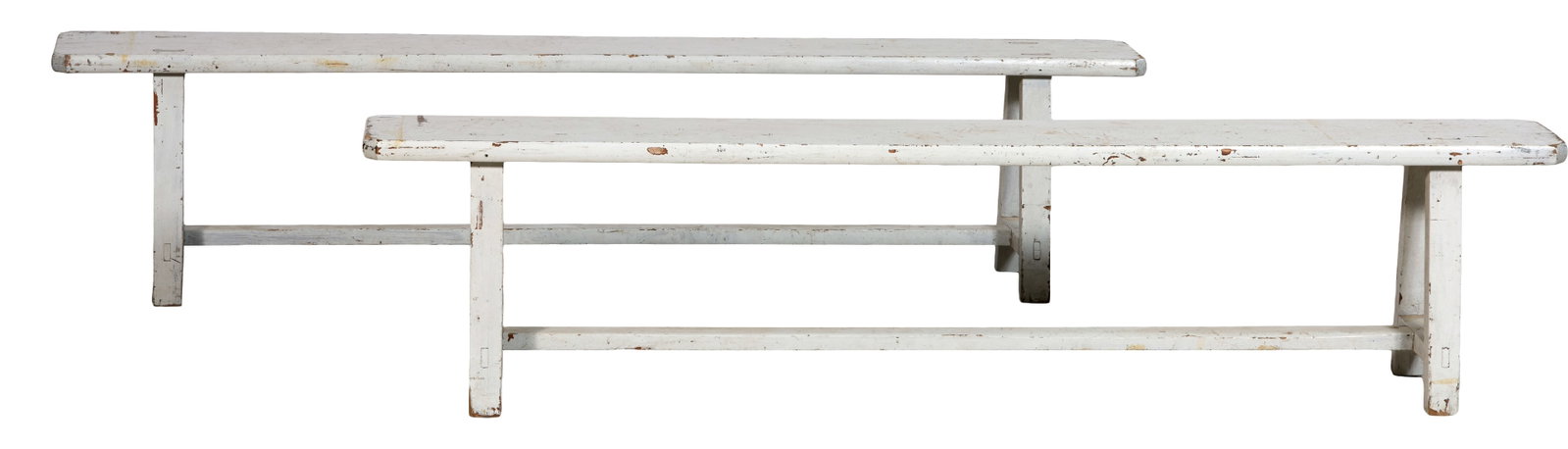 Pair of French Polychromed Benches, mid 20th c., Each- H.- 18 in., W.- 78 in., D.- 11 in. (2 Pcs.) (1 of 1)