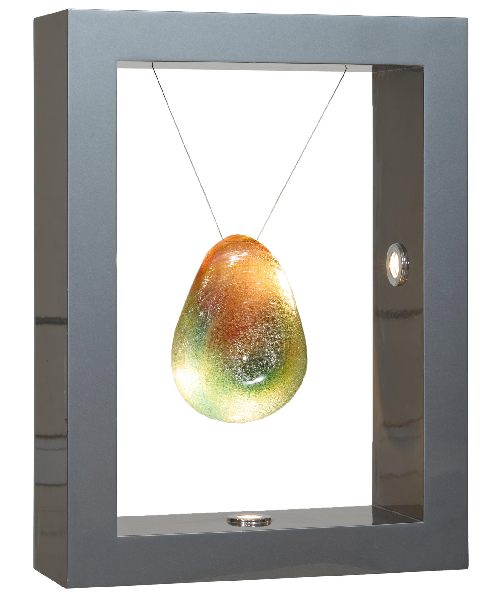 Contemporary Pendant Art Sculpture, 21st c., Overall- H.- 31 1/2 in., W.- 23 1/2 in., D.- 9 7/8 in.: Contemporary Pendant Art Sculpture, 21st c., the Murano-style polymer stone suspended in a fiberglass box frame inset with lights, unsigned/unmarked, Overall- H.- 31 1/2 in., W.- 23 1/2 in., D.- 9 7/8