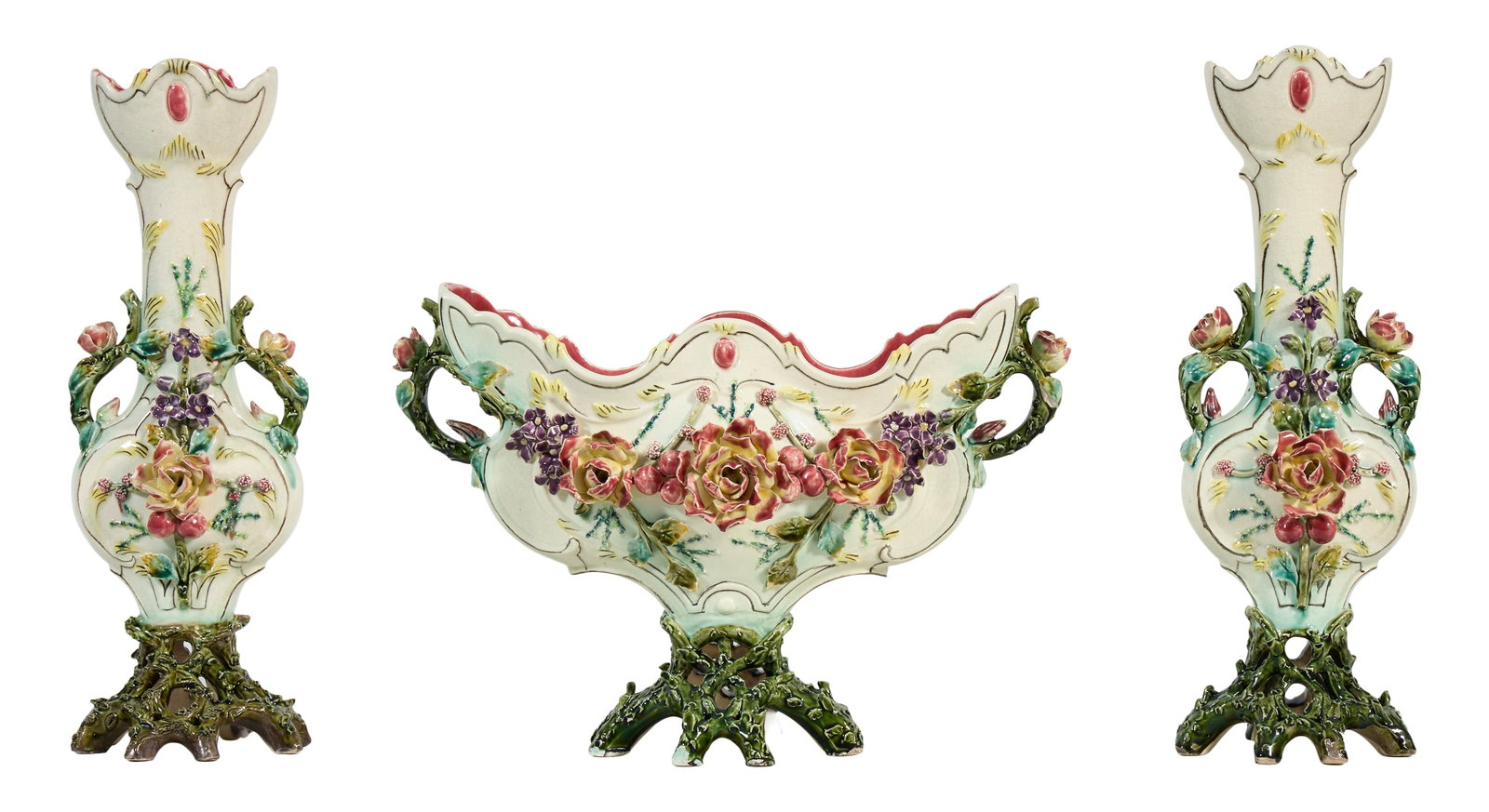 Three Piece French Faience Garniture Set, early 20th c., Jardiniere- H.- 11 1/2 in., W.- 16 in., D.- (1 of 6)