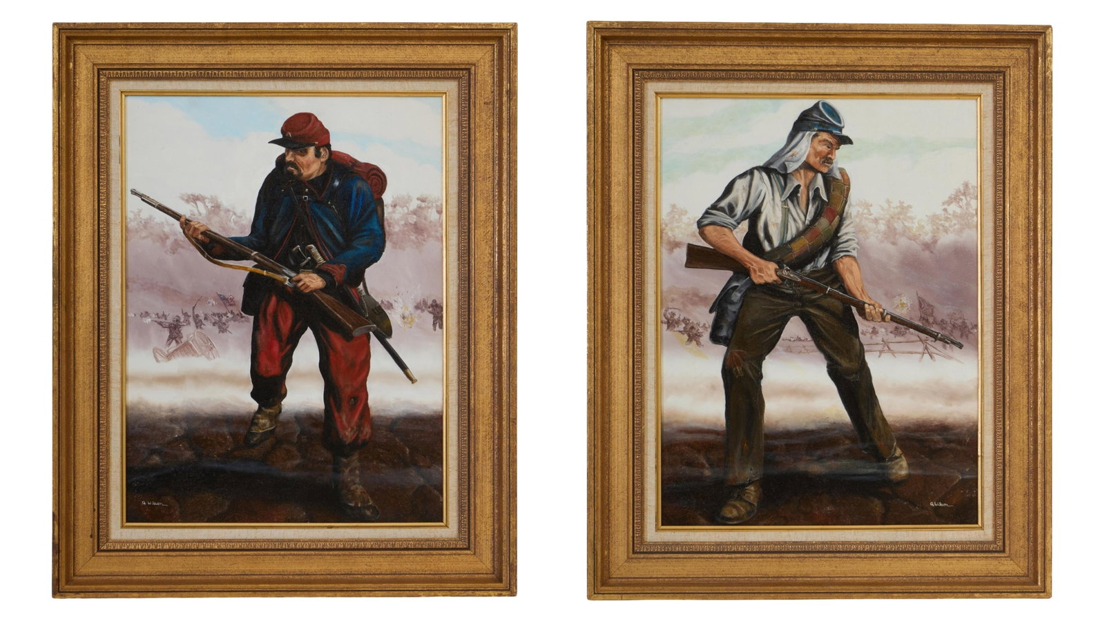 G. Wilson (American, 20th/21st Century), "Union Zouave" and "Confederate Skirmisher," Each- H.- 24: G. Wilson (American, 20th/21st Century), "Union Zouave" and "Confederate Skirmisher," each oil on canvas, each signed "G. Wilson" lower right, presented in matching giltwood frames, Each- H.- 24 in., 