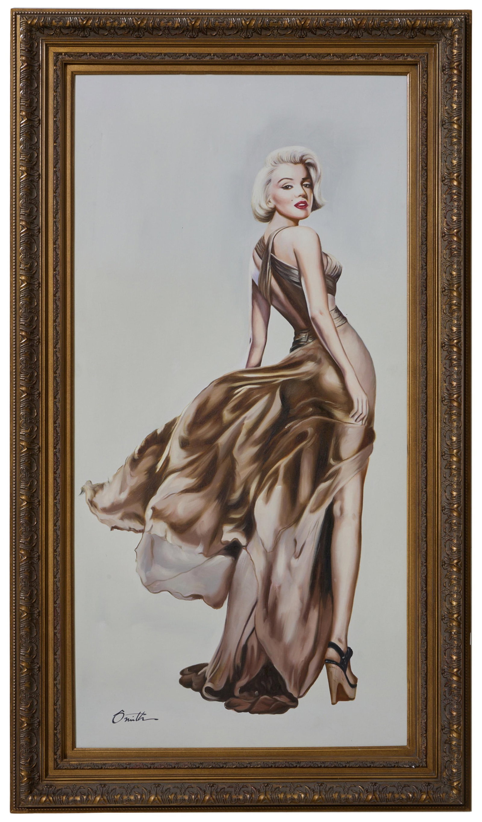 American School (20th Century), "Marilyn Monroe in Gold Evening Gown," H.- 48 in., W.- 24 in.,: American School (20th Century), "Marilyn Monroe in Gold Evening Gown," oil on canvas, signed "Smith/O Smith" lower left, presented in a giltwood frame, H.- 48 in., W.- 24 in., Framed- H.- 56 1/2 in., 