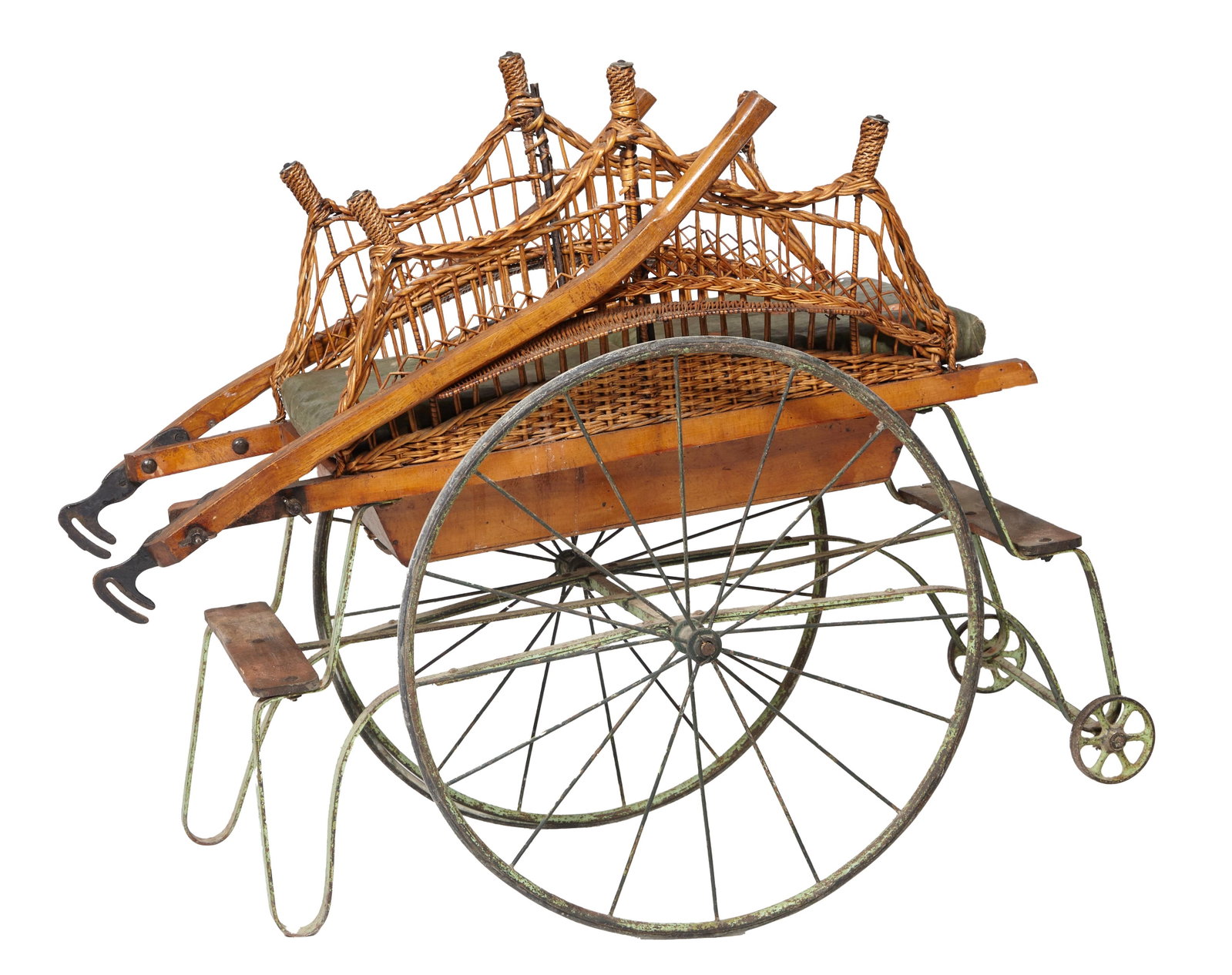 Edwardian Wood Iron and Wicker Child's Pull Carriage, late 19th c., H.- 35 in., W.- 67 in., D.- 22 (1 of 2)