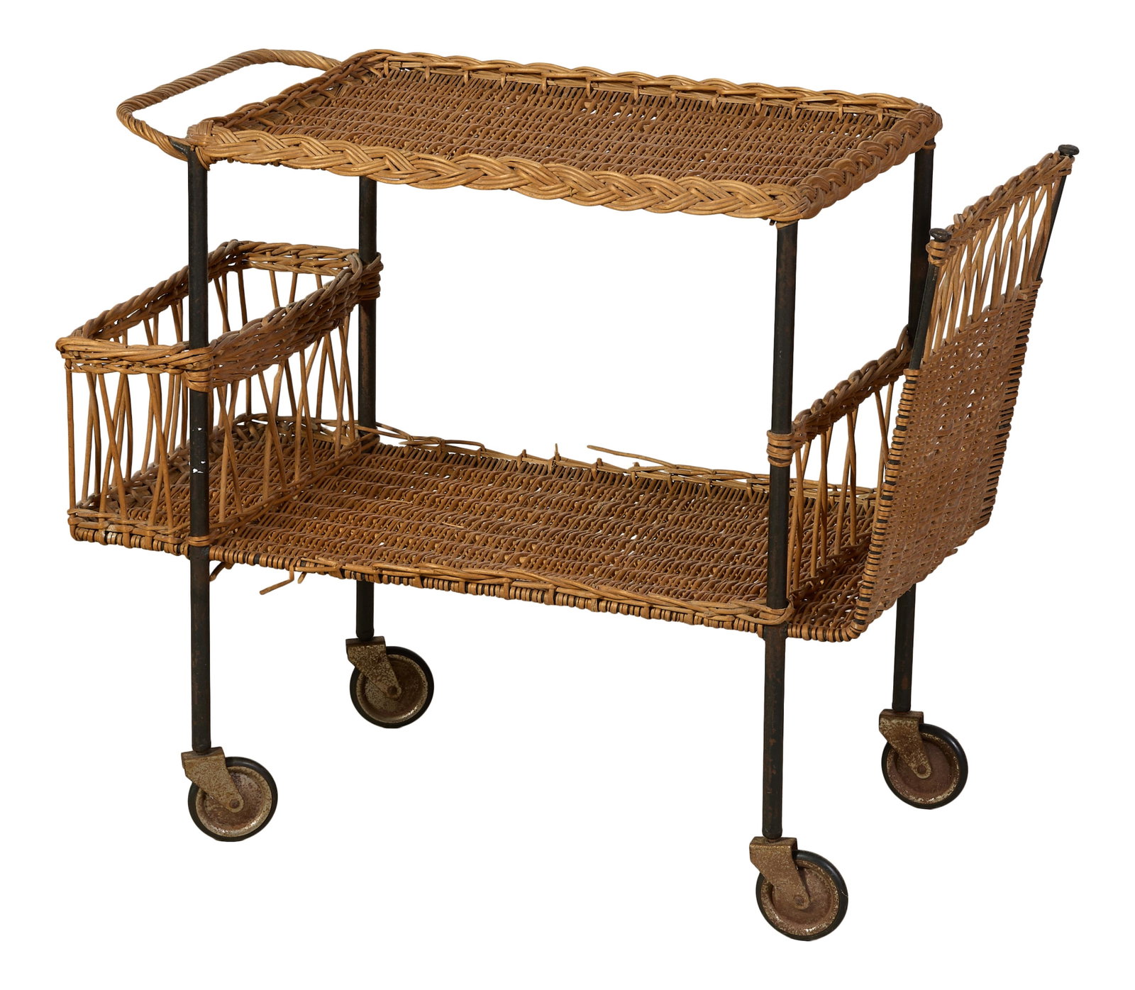 French Art Nouveau Style Wicker and Steel Bar Cart, mid 20th c., H.- 25 in., W.- 30 in., D.- 15 in. (1 of 2)