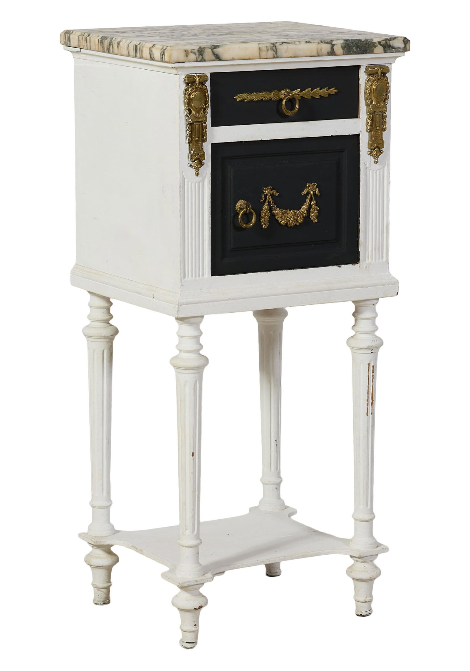 French Louis XVI Style Marble Top Polychromed Nightstand, 20th c., H.- 36 in., W.- 16 1/2 in., D.- (1 of 2)