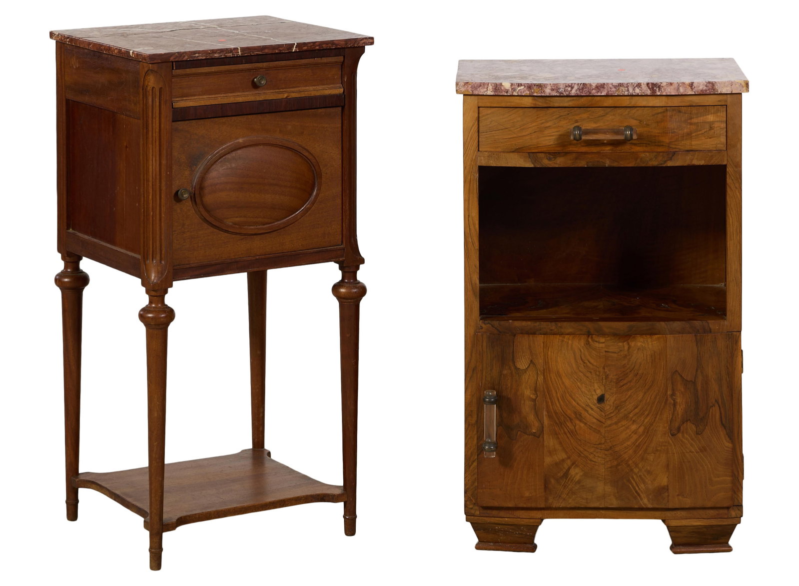Two French Marble Top Walnut Nightstands, early/mid 19th c., Largest- H.- 34 in., W.- 17 in., D.- 15 (1 of 5)