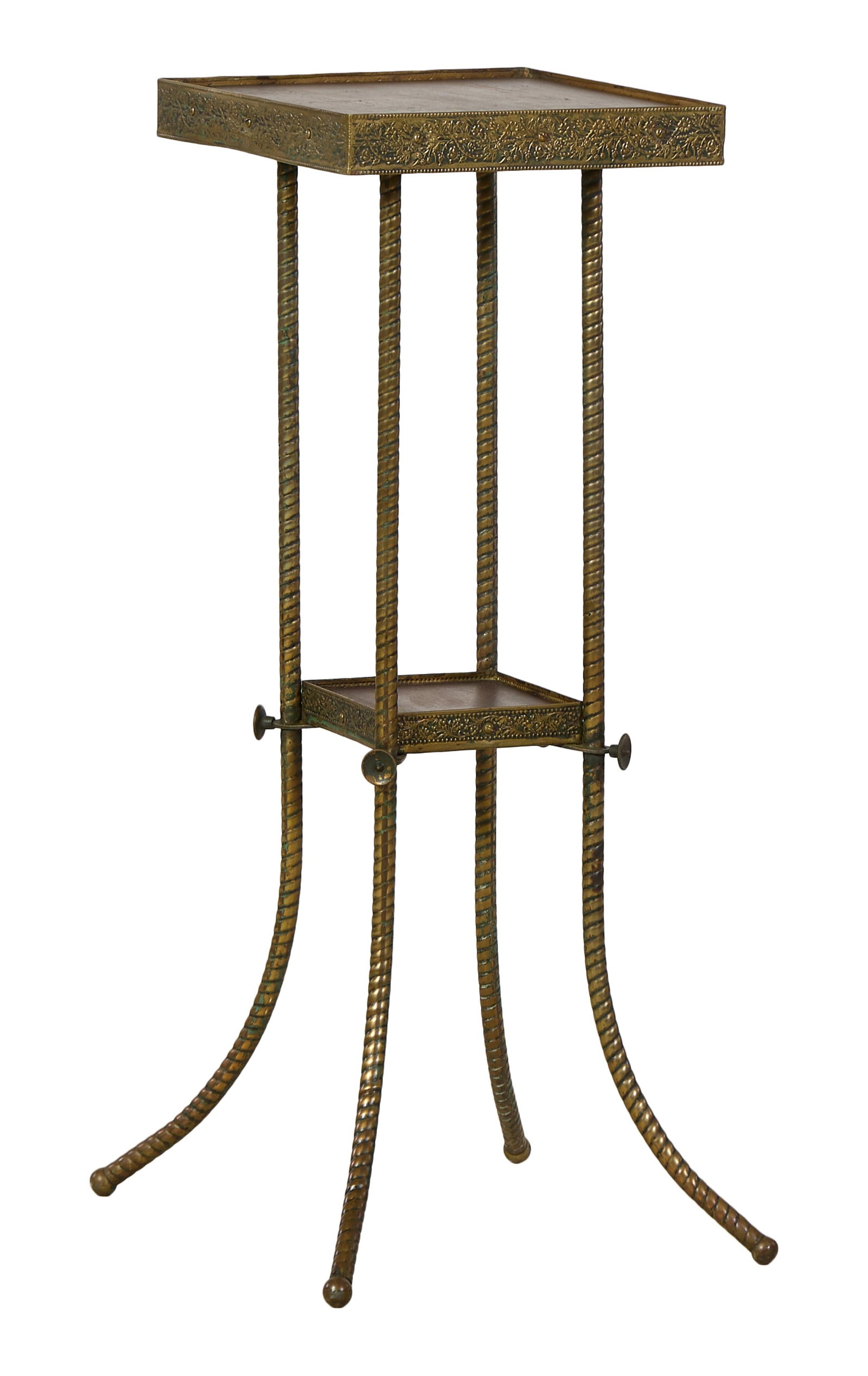 French Art Nouveau Pressed Brass and Wood Pedestal, early 20th c., H.- 31 3/4 in., W.- 12 in., D.- (1 of 1)