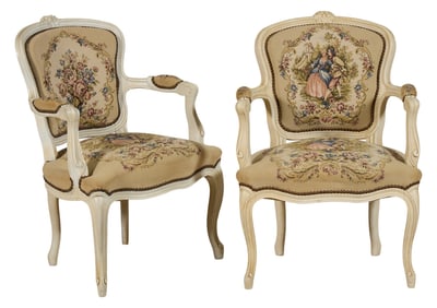 Pair of French Louis XV Creme Peinte Fauteuils, mid 20th c., Each- H.- 33 1/2 in., W.- 23 1/2 in.,