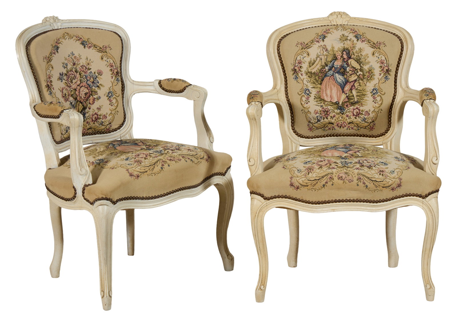 Pair of French Louis XV Creme Peinte Fauteuils, mid 20th c., Each- H.- 33 1/2 in., W.- 23 1/2 in., (1 of 3)