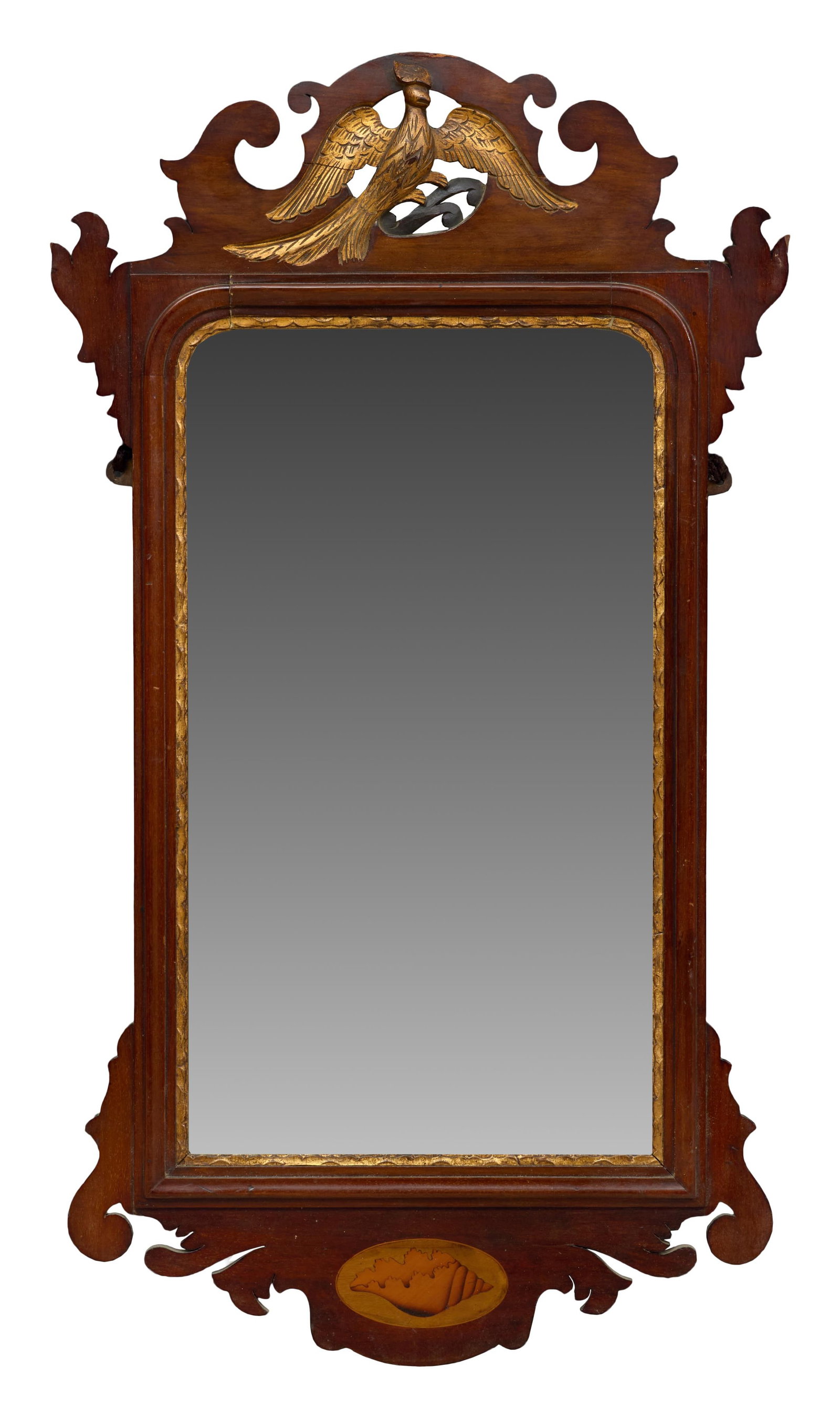 Chippendale Style Inlaid Parcel Gilt Mahogany Mirror, early 20th c., H.- 36 in., W.- 20 in. (1 of 3)