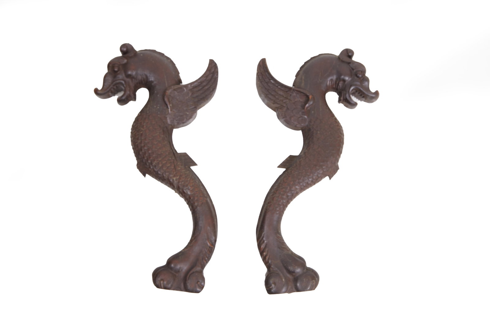 Pair of Walnut Dragon Carvings, 19th c., H.- 18 in., W.- 3 in., D.- 9 1/2 in. (2 Pcs.) (1 of 2)
