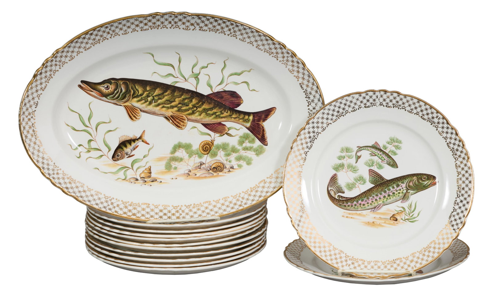 Thirteen Piece French Porcelain Fish Set, 20th c., Plates- Dia.- 9 1/8 in. (13 Pcs.) (1 of 3)