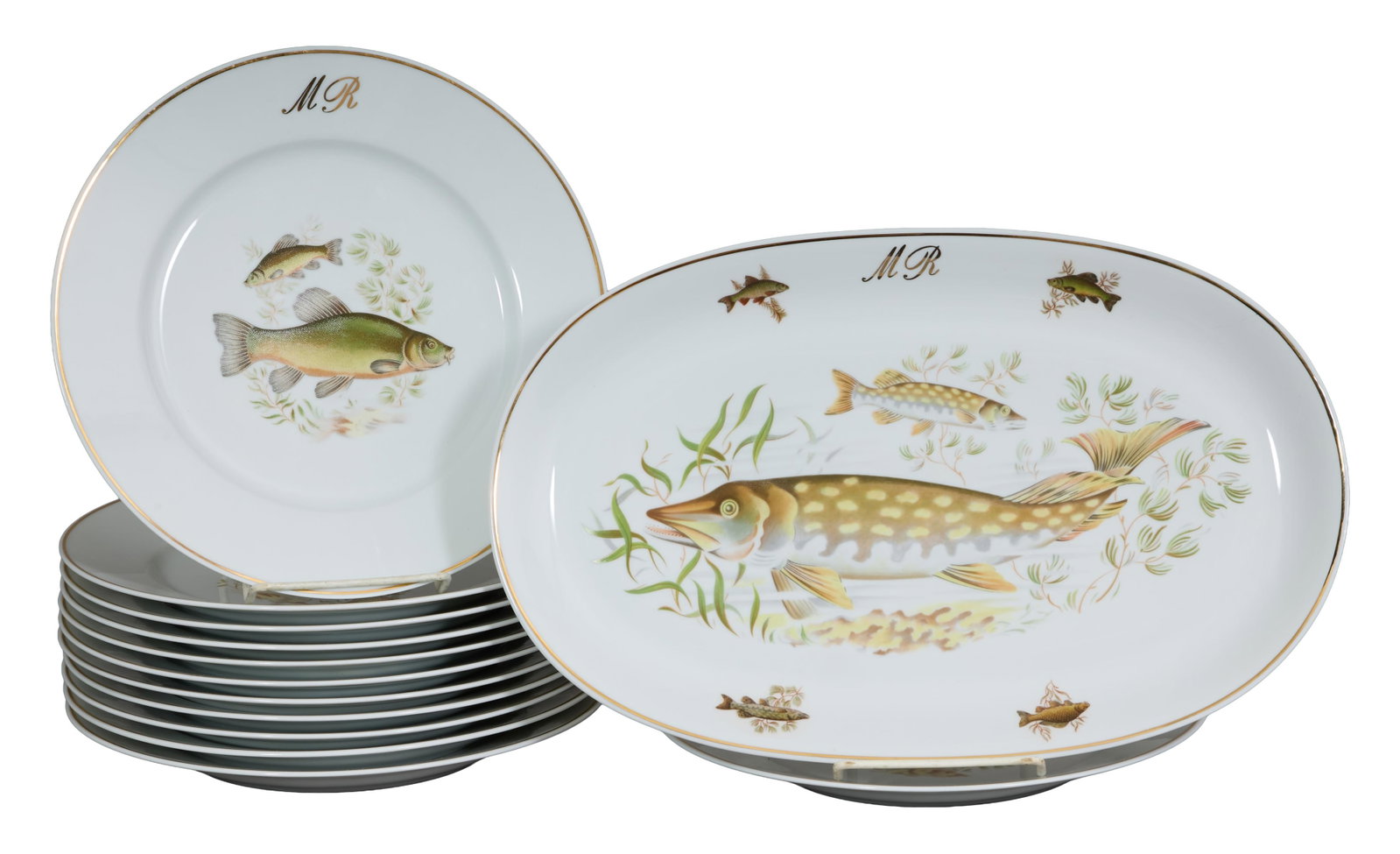 Thirteen Piece Limoges Porcelain Fish Set, 20th c., Plates- Dia.- 10 in. (13 Pcs.) (1 of 3)
