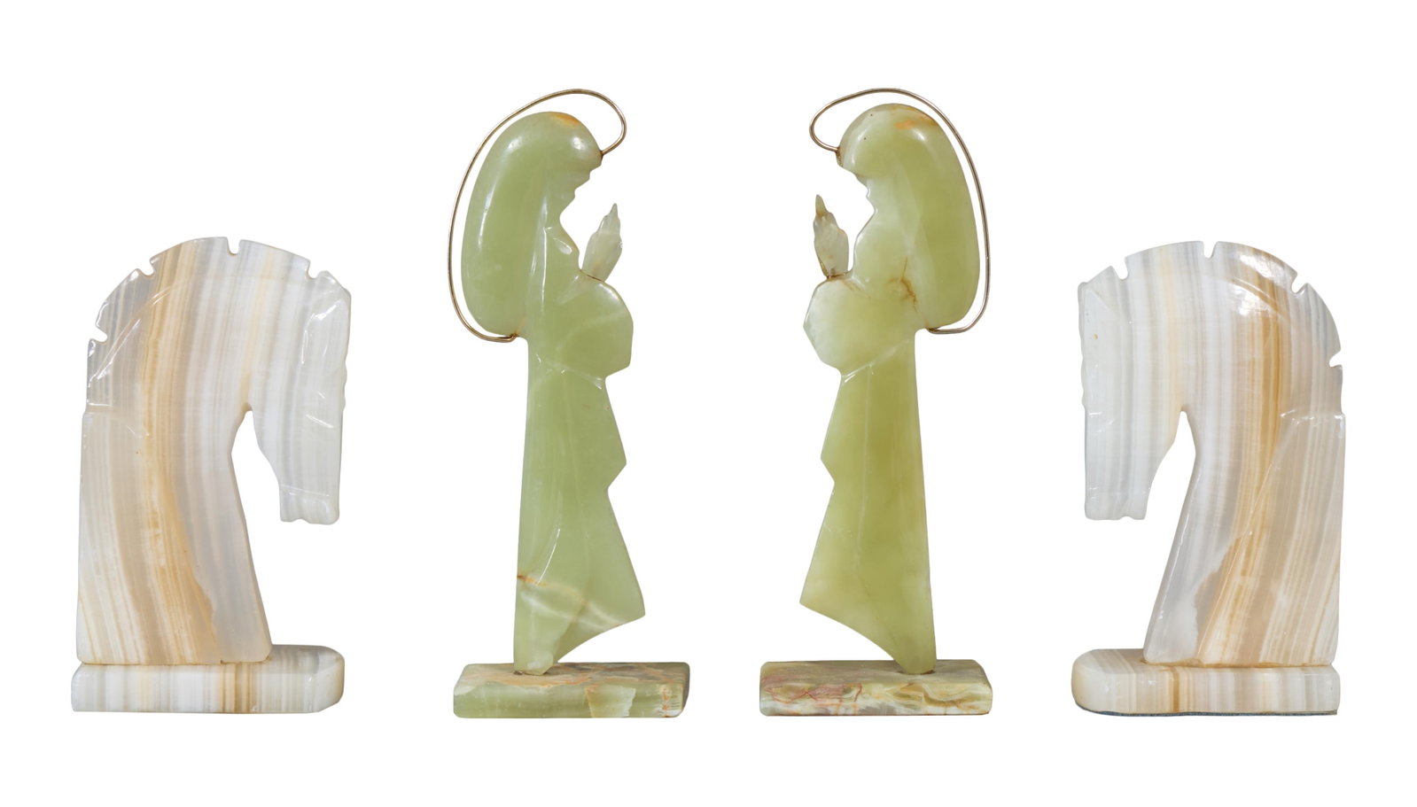 Group of Two Pair of Art Nouveau Bookends, 20th c., Virgin Mary- H.- 10 1/4 in., W.- 2 1/4 in., D.-: Group of Two Pair of Art Nouveau Bookends, 20th c., consisting of a pair of Virgin Mary figures in green onyx, with metal halos; and a pair of carved white marble horse head examples, Virgin Mary- H.-