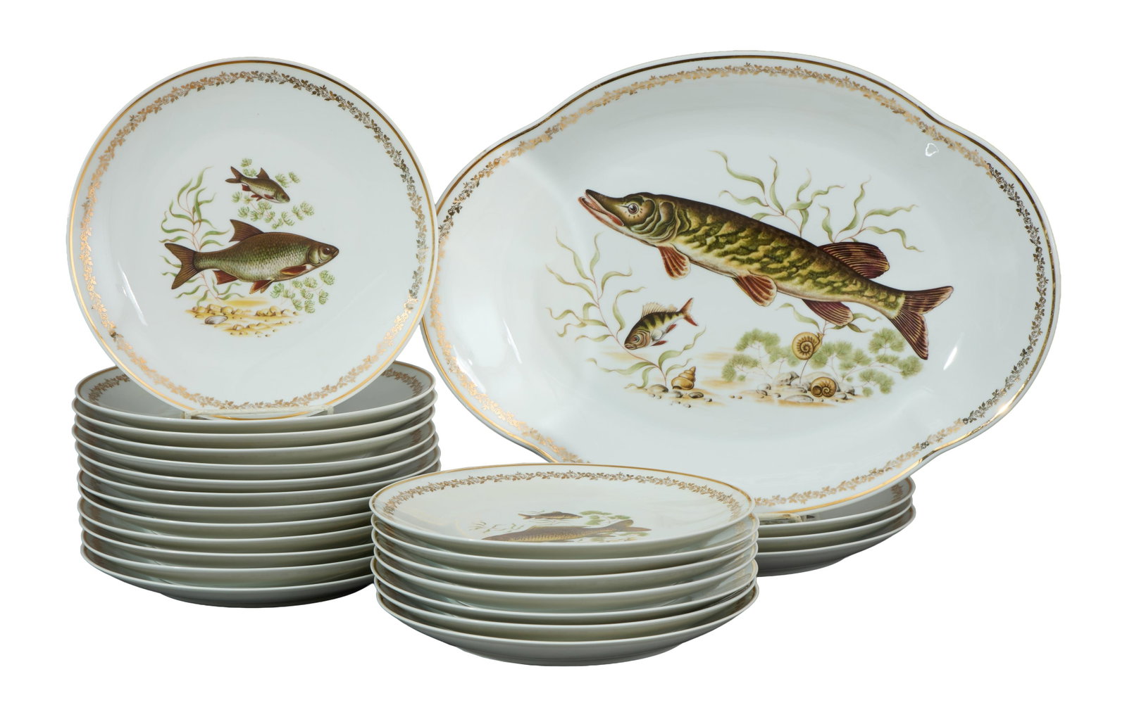 Twenty Four Piece Limoges Porcelain Assembled Fish Set, 20th c., Plates- H.- 1 in., Dia.- 9 in.; (1 of 7)