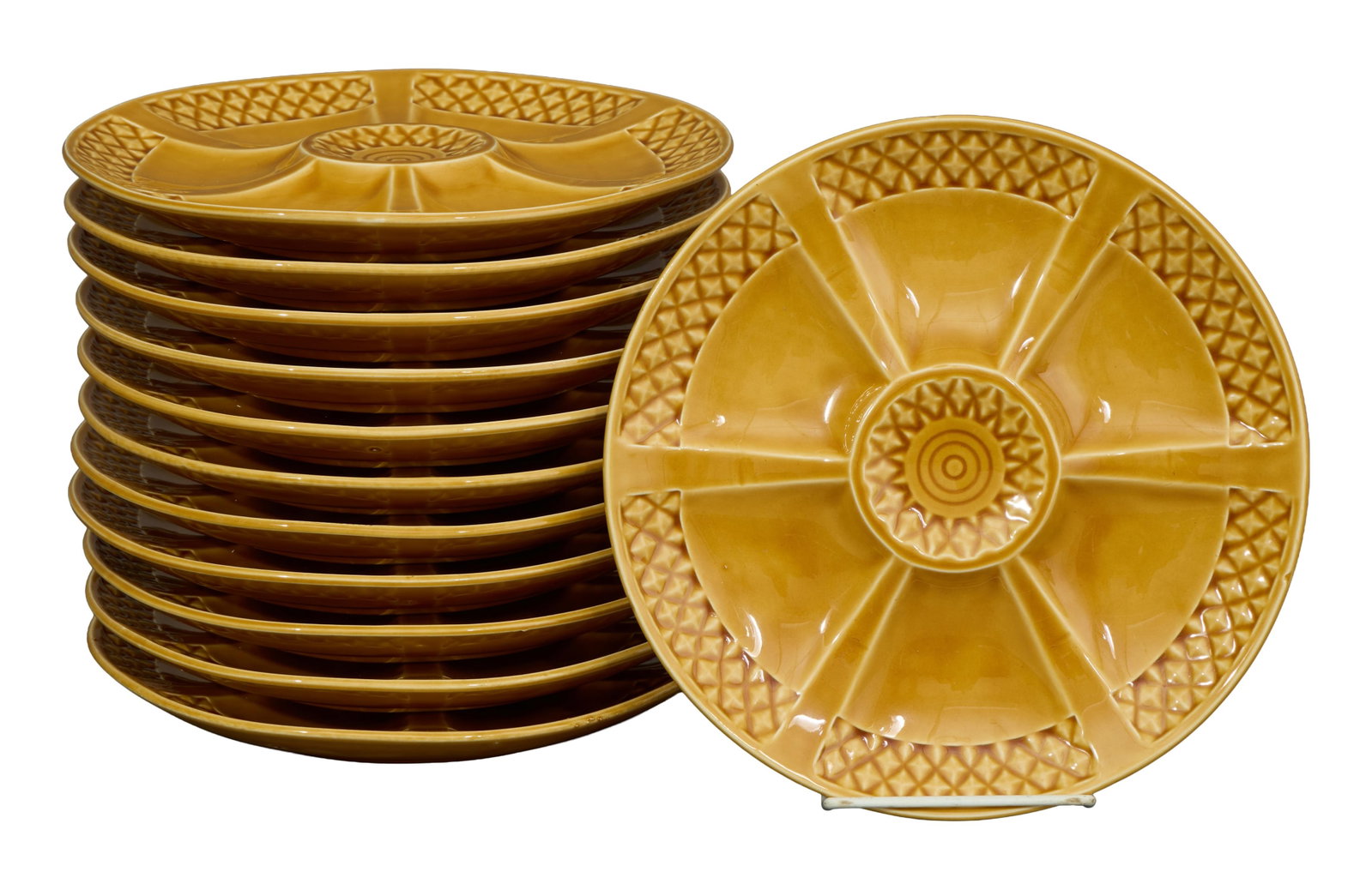 Set of Twelve French Ocher Ceramic Divided Plates, 20th c., H.- 1 in., Dia.- 9 3/8 in. (12 Pcs.) (1 of 2)