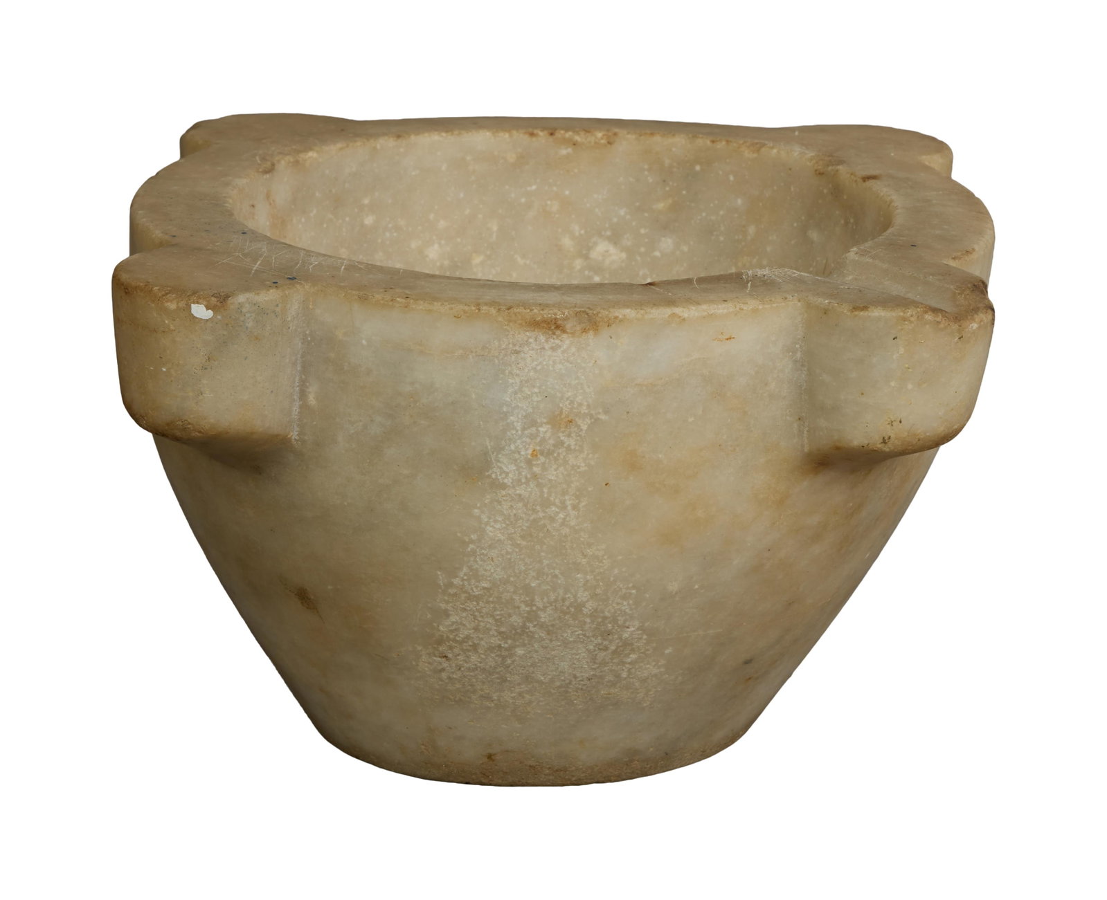 French Provincial Marble Mortar, 19th c., H.- 6 1/4 in., Dia.- 12 7/8 in.: French Provincial Marble Mortar, 19th c., the four handled grinding bowl with integrated spout, H.- 6 1/4 in., Dia.- 12 7/8 in.