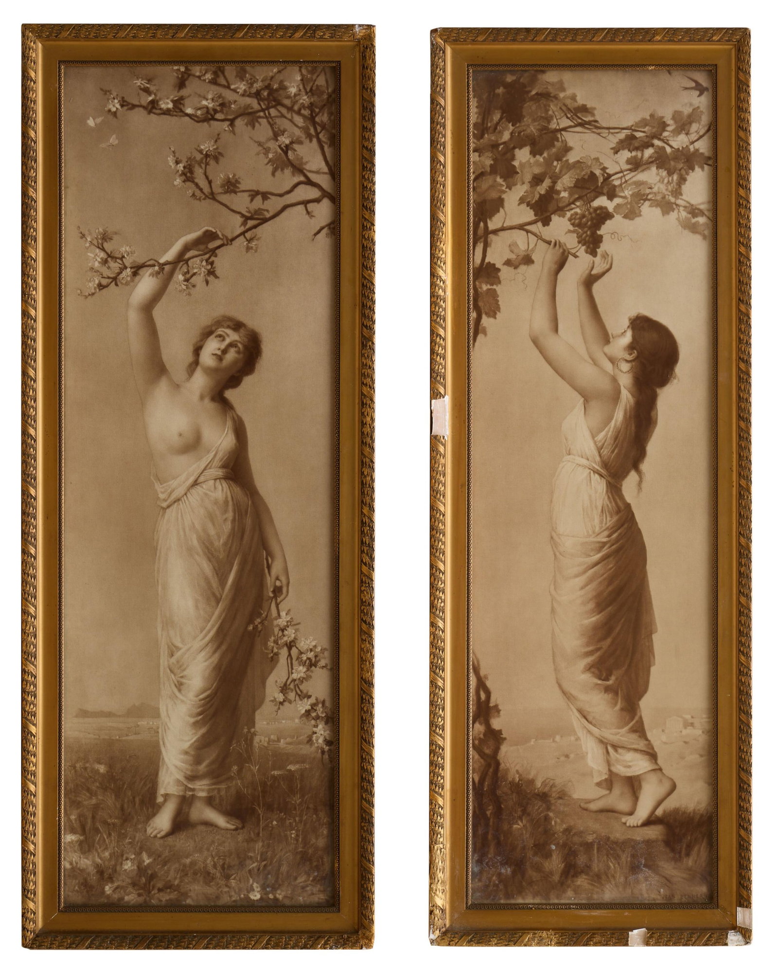 Emmanuel Michel Benner (French, 136-1896) "Autumn" and "Spring," 1895, Each Sight- H.- 40 1/2 in.,: Emmanuel Michel Benner (French, 136-1896) "Autumn" and "Spring," 1895, two sepia prints on paper, unsigned, presented in matching giltwood frames, Each Sight- H.- 40 1/2 in., W.- 17 in., Framed- H.- 4