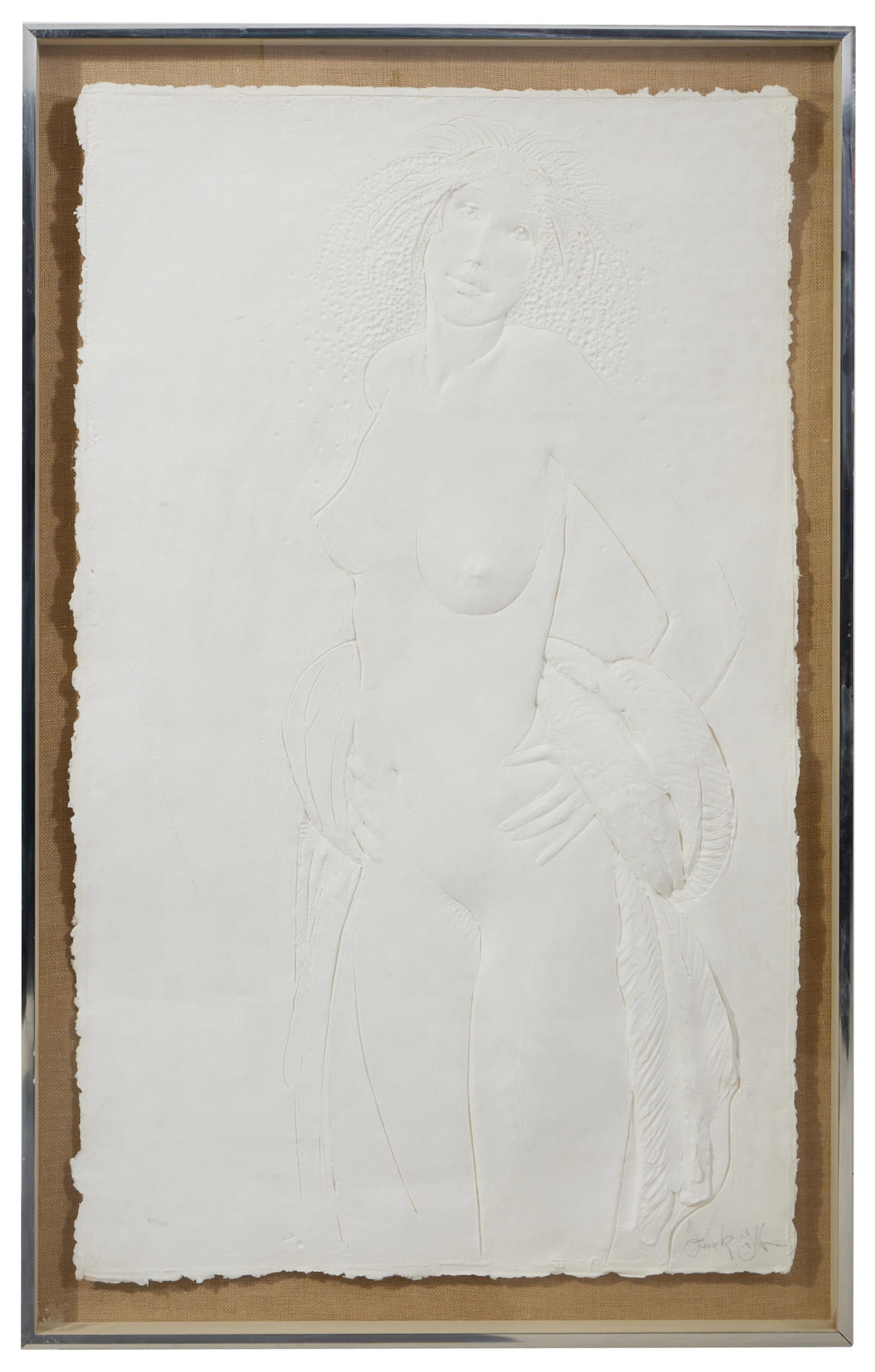 Frank Gallo (American, 1933-2019), "Standing Nude Bather," H.- 54 in., W.- 33 in., Framed- H.- 60: Frank Gallo (American, 1933-2019), "Standing Nude Bather," embossed and cast paper, signed lower right, numbered "40/150" lower left, float-mounted in a chrome metal shadowbox with a course linen back