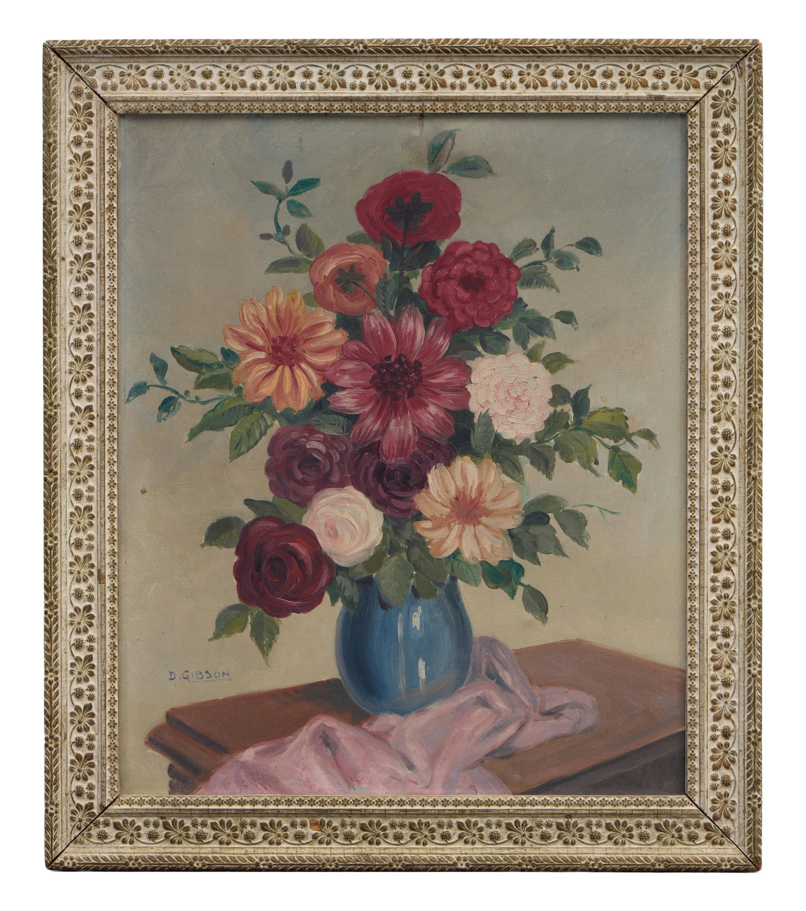 Dana Gibson (American, b. 1966), "Floral Still Life," H.- 21 3/4 in., W.- 18 1/4 in., Framed- H.- 25: Dana Gibson (American, b. 1966), "Floral Still Life," oil on canvas, signed lower center left, presented in a white wood frame, H.- 21 3/4 in., W.- 18 1/4 in., Framed- H.- 25 3/4 in., W.- 22 1/4 in.