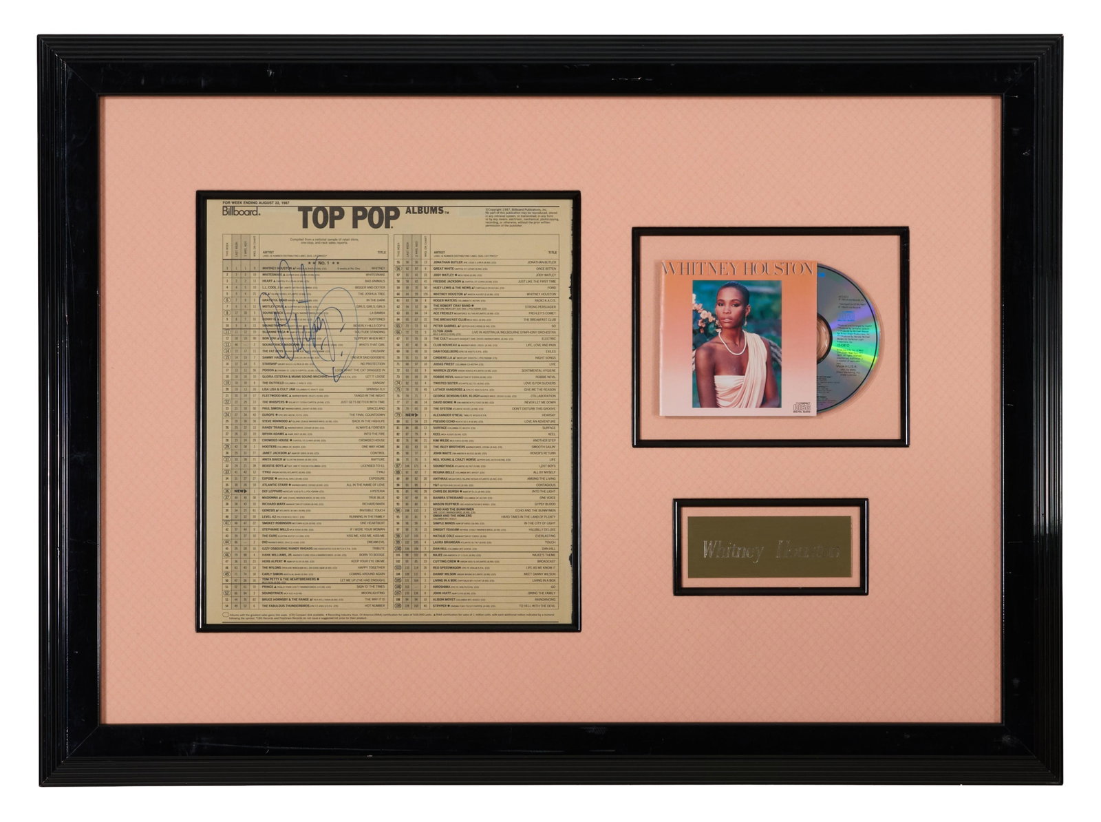 Whitney Houston Autographed Memorabilia, Overall- H.- 23 in., W.- 31 1/4 in.: Whitney Houston Autographed Memorabilia, with signed "Top Pop Chart" and "Whitney Houston (Self Titled) CD and jacket cover, presented in a black frame with a gilt artist plaque, Overall- H.- 23 in., 