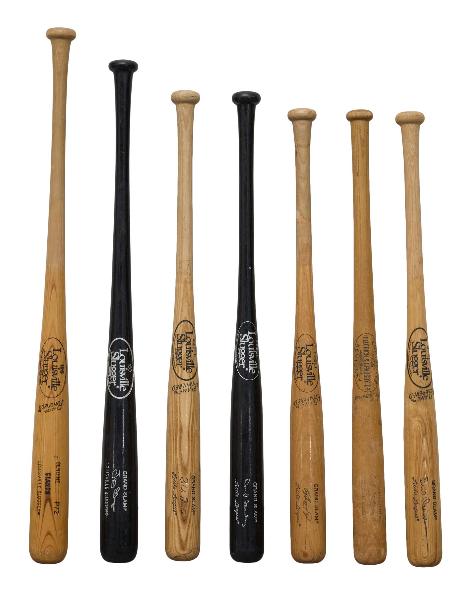 Seven Signed Memorabilia Baseball Bats, Largest- H.- 34 in., Dia.- 2 1/2 in.; Smallest- H.- 29 in., (1 of 3)