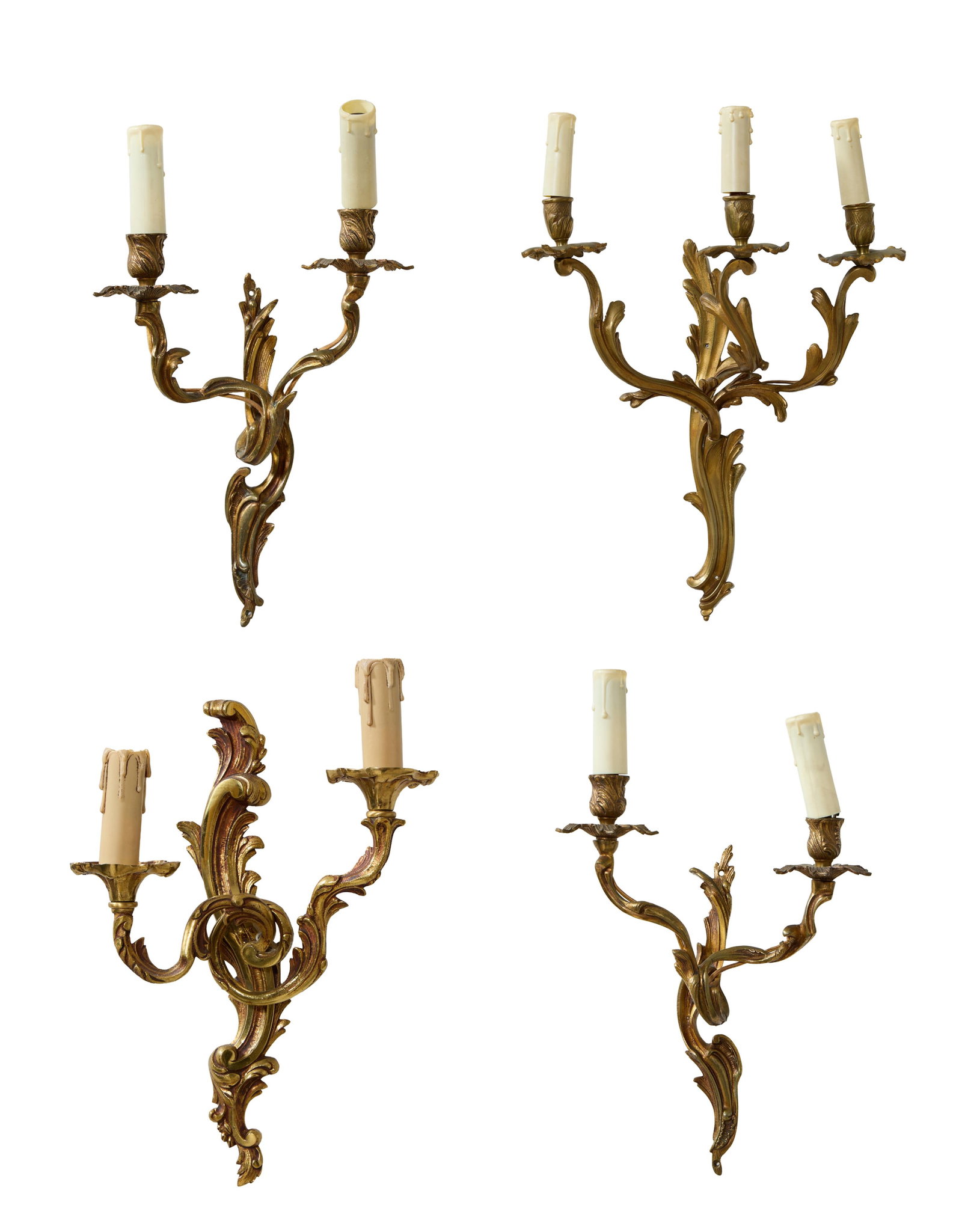 Group of Four Gilt Bronze Sconces, mid 20th c., Two Lights- H.- 16 in., W.- 9 in., D.- 5 in.; Three (1 of 5)
