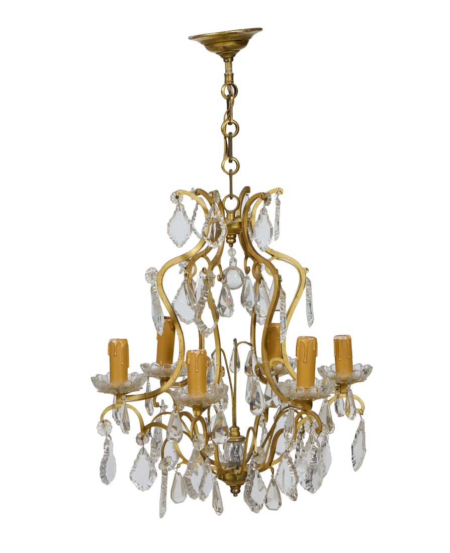 French Louis XVI Style Gilt Metal Crystal Chandelier, mid 20th c., H.- 18 in., With Chain- 27 in.,: French Louis XVI Style Gilt Metal Crystal Chandelier, mid 20th c., hung with pendular crystals, six scrolled arms with lobbed glass bobeche, European wiring, H.- 18 in., With Chain- 27 in., Dia.- 17 i
