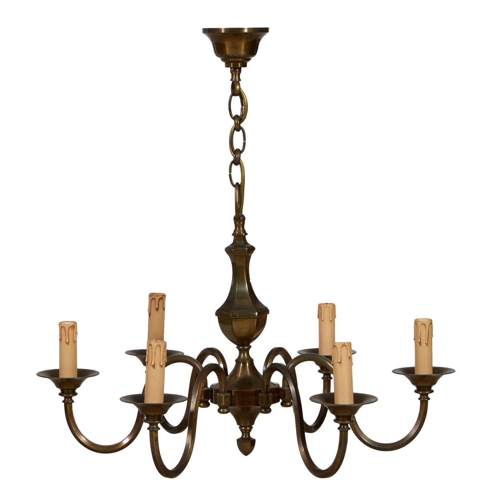 French Louis XVI Style Patinated Brass Chandelier, late 20th c., H.- 15 in., With Chain- 26 in.,: French Louis XVI Style Patinated Brass Chandelier, late 20th c., with six lights, central hexagonal vasiform standard with hexagonal pendant, shaped hexagonal arms, H.- 15 in., With Chain- 26 in., Dia