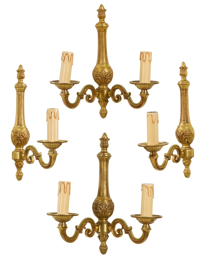 Two Pairs of French Louis XVI Style Sconces, mid 20th c., Two Light- H.- 11 1/2 in., W.- 10 1/2 in,: Two Pairs of French Louis XVI Style Sconces, mid 20th c., all of matching style, including a two-light pair and a single light pair, European wiring, Two Light- H.- 11 1/2 in., W.- 10 1/2 in, D.- 5 1/