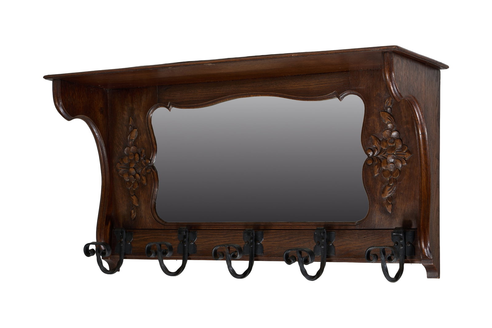 French Art Nouveau Style Oak Coat Rack, mid 20th c., H.- 15 3/4 in., W.- 31 1/2 in., D.- 9 1/8 in. (1 of 3)