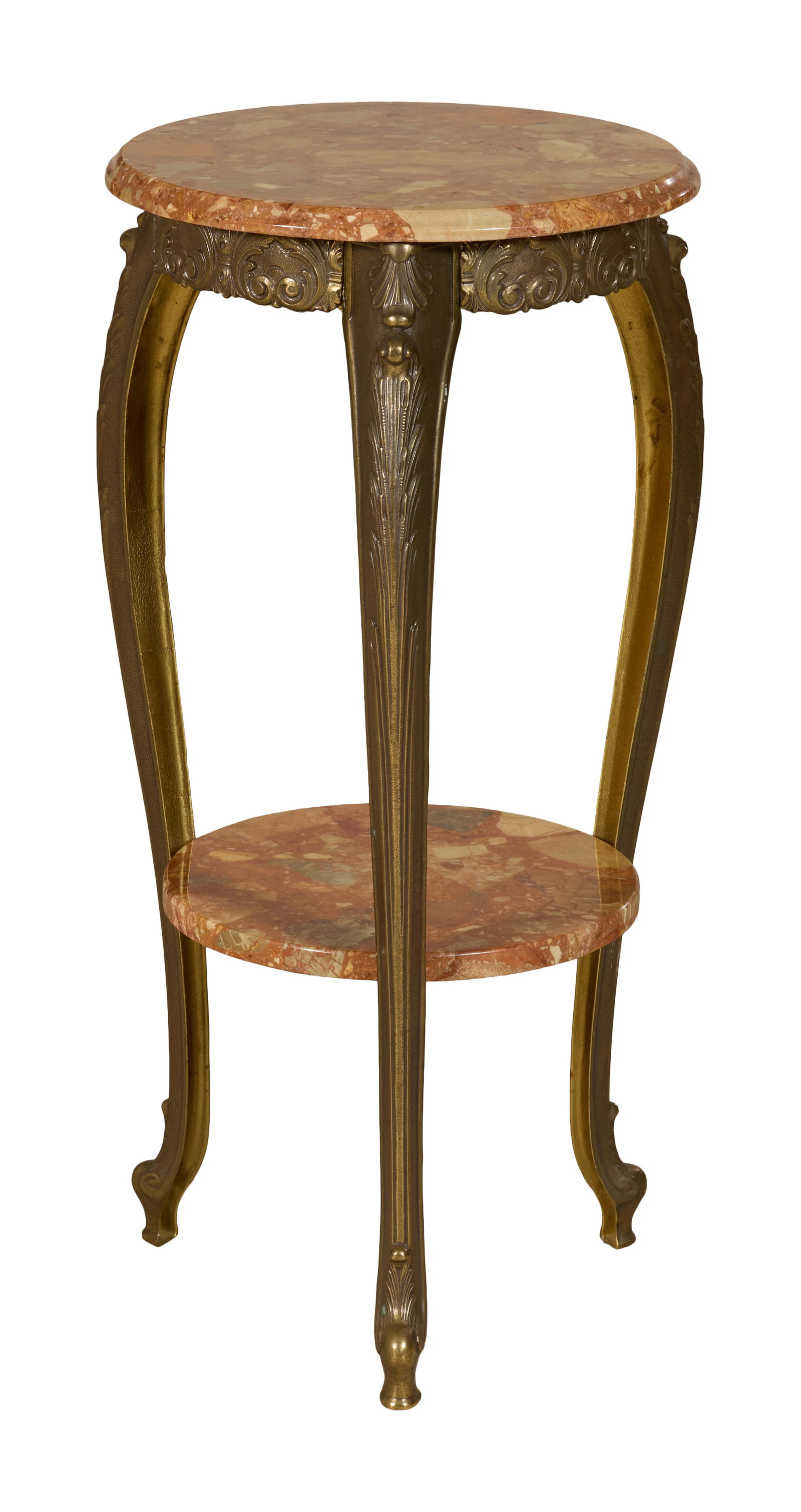 French Louis XV Style Marble and Patinated Brass Stand, mid 20th c., H.- 31 in., Dia.- 16 in. (1 of 2)