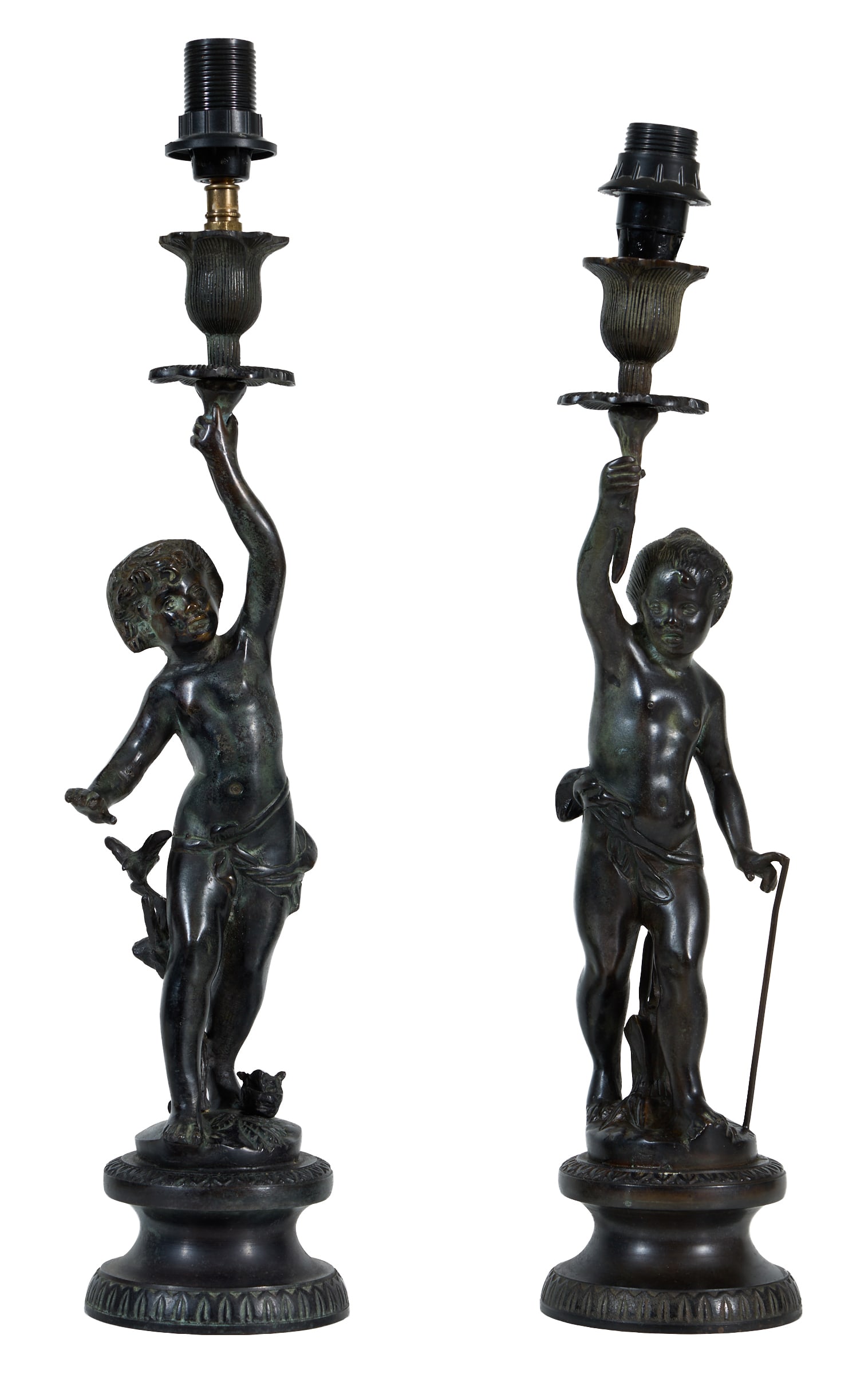 Pair of French Bronze Figural Lamps, early 20th c., Each- H.- 15 7/8 in., W.- 4 in., D.- 4 in. (2 (1 of 10)