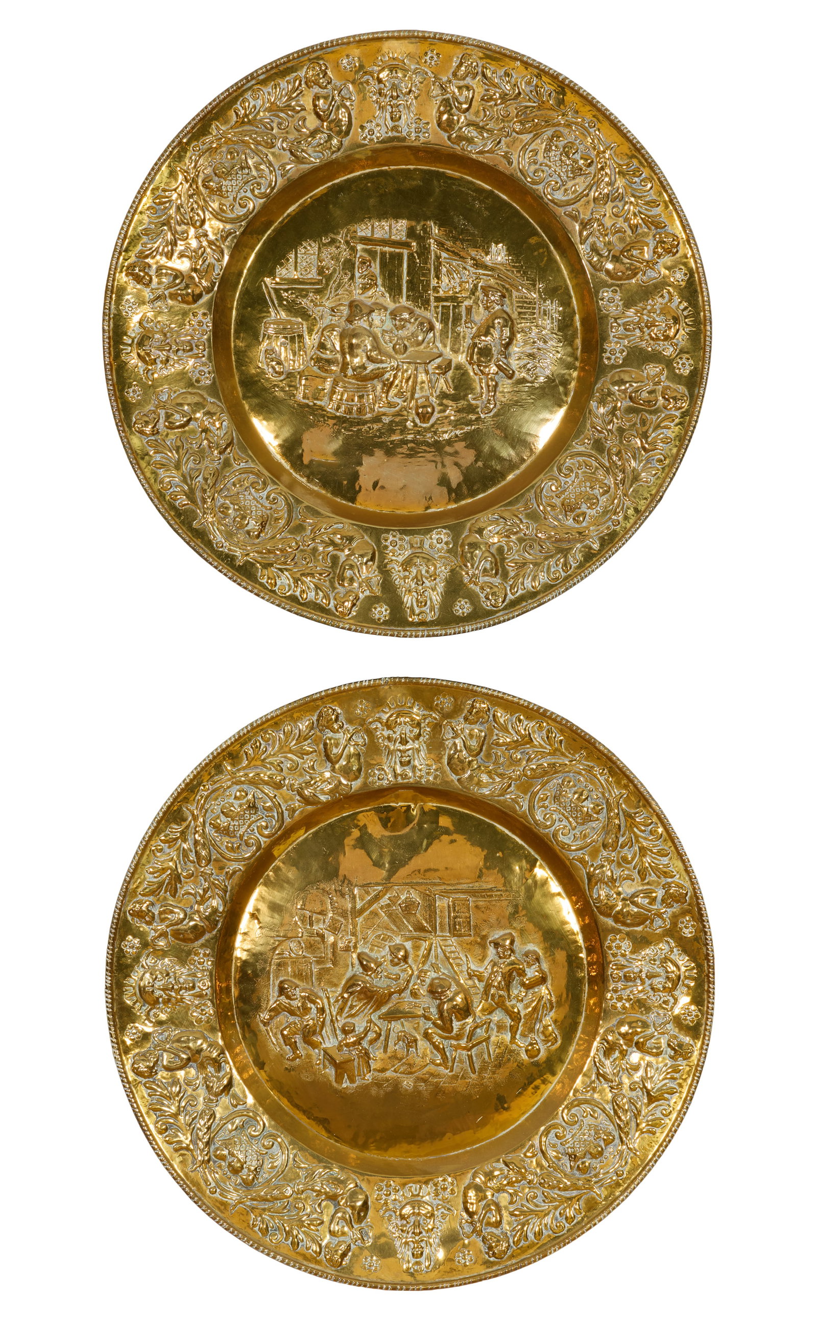 Pair of French Large Brass Trays, 20th c., Each- H.- 1 1/2 in., Dia.- 25 in. (2 Pcs.) (1 of 3)