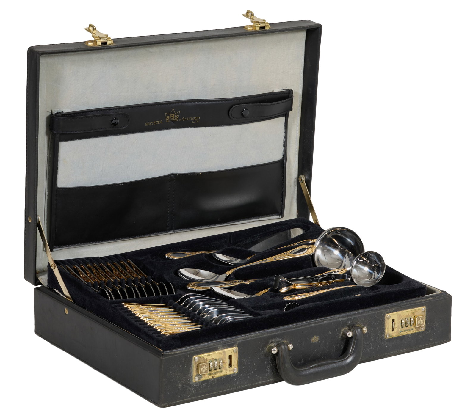 Bestecke Solingen Germany Eighty Piece Hartvergoldet Goldplate Flatware Set, 20th c., Largest Ladle-: Bestecke Solingen Germany Eighty Piece Hartvergoldet Goldplate Flatware Set, 20th c., consisting of six-piece place settings for twelve, with eight serving pieces, marked "*SBS in Crown* / 23/24 Karat