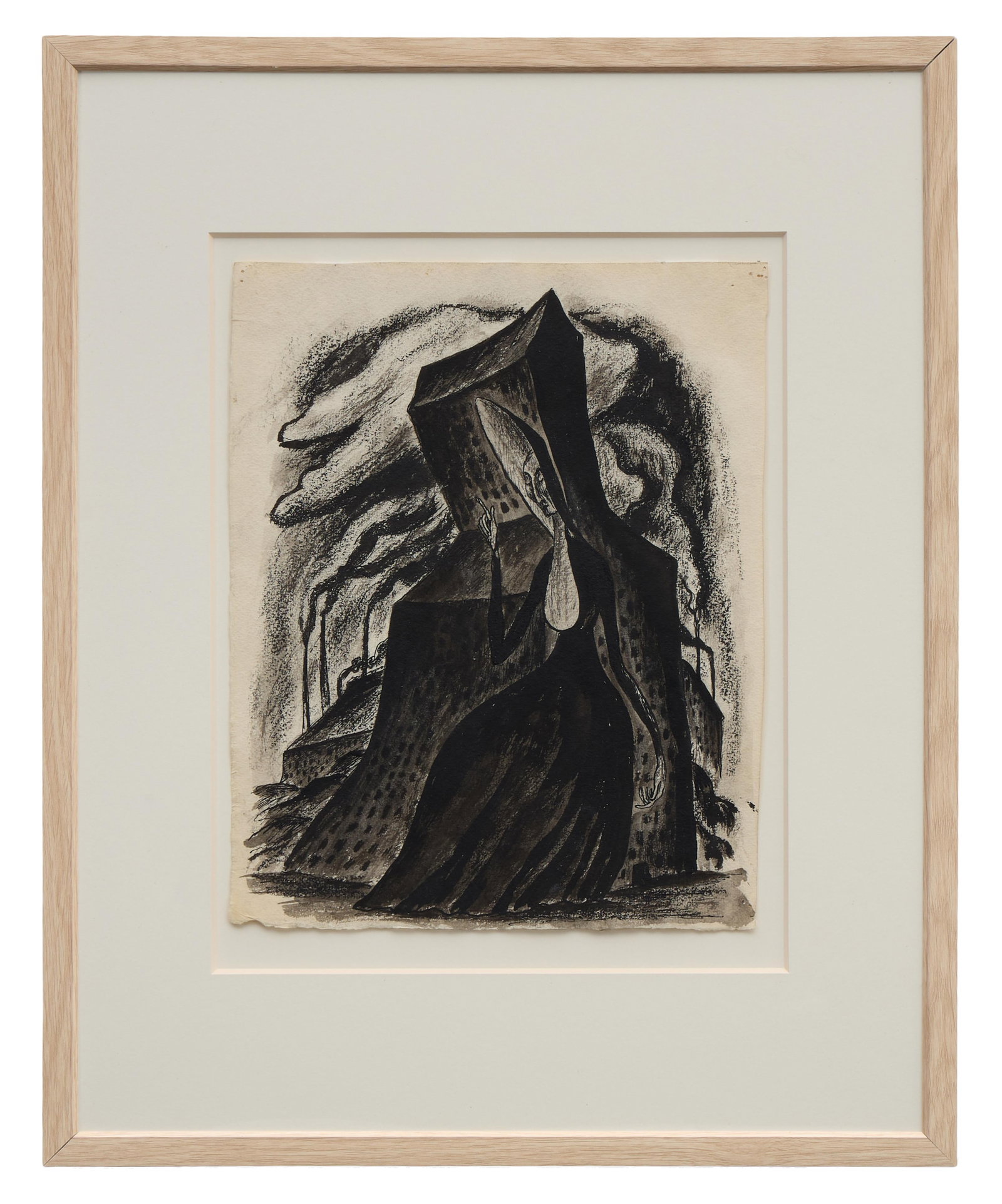 Adolf Arthur Dehn (1895-1968), "Colossal Woman, Burning Building," Sight- H.- 12 1/2 in., W- 9 3/4: Adolf Arthur Dehn (1895-1968), "Colossal Woman, Burning Building," charcoal and ink on paper, verso with pencil sketch, float-mounted in a wood frame with artist biography affixed on back, Sight- H.- 