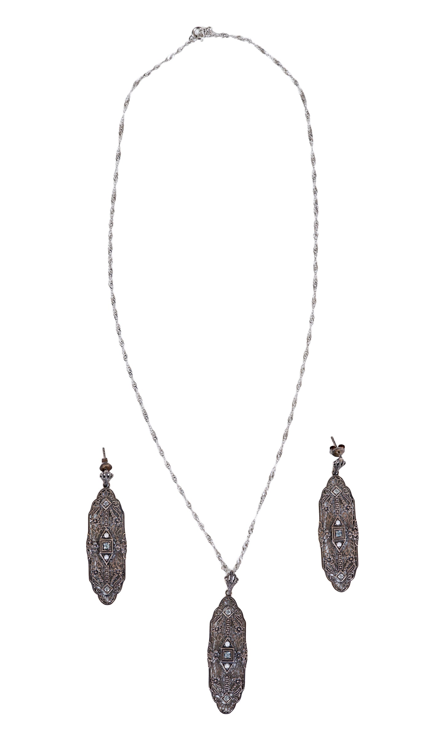 Three Piece Sterling Seed Pearl Pendant Set, early 20th c., Each- H.- 2 in., W.- 9/16 in. (3 Pcs.) (1 of 3)