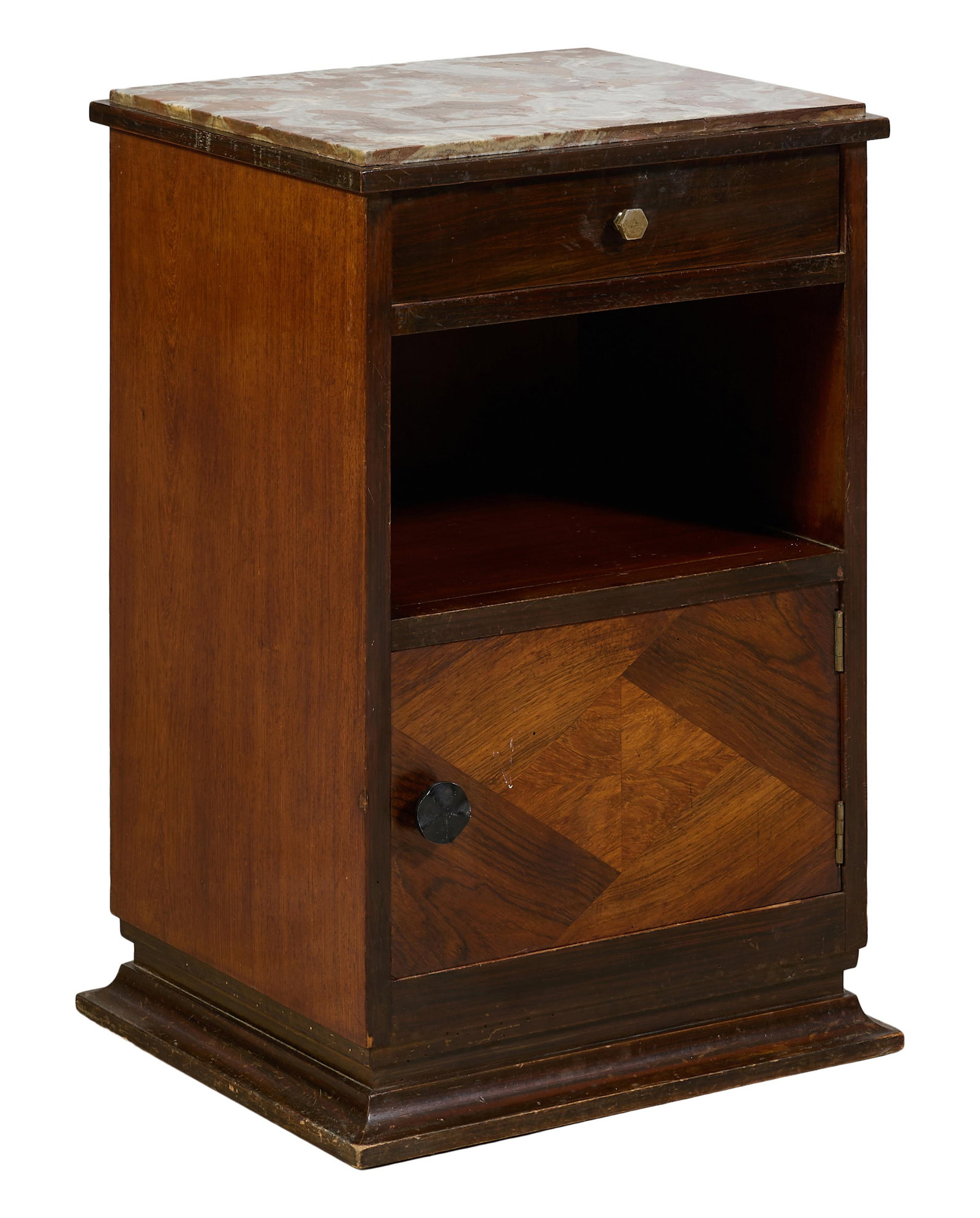 French Art Nouveau Carved Walnut Marble Top Nightstand, 20th c., H.- 26 in., W.- 17 in., D.- 14 in. (1 of 2)