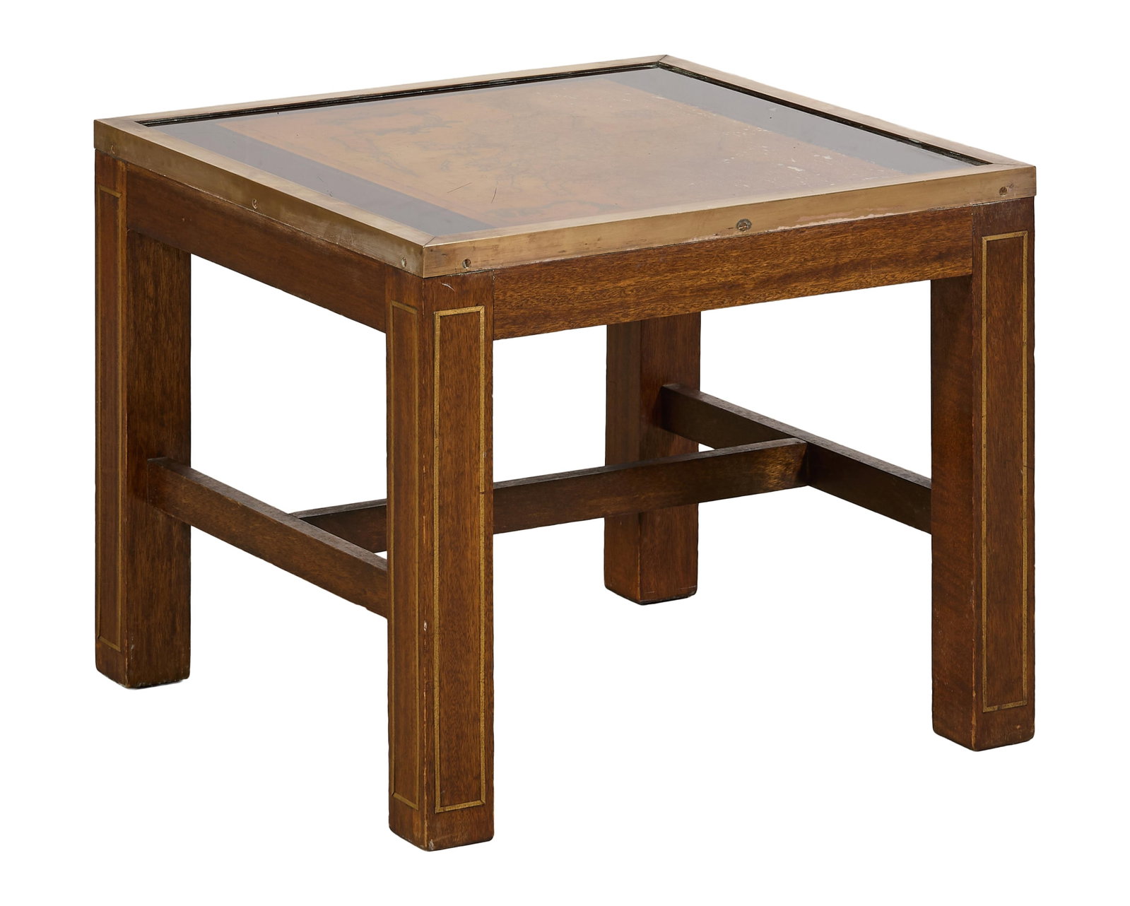 Regency Style Brass inlaid Mahogany Side Table, late 19th c., H.- 15 1/8 in., W.- 18 1/8 in., D.- 18 (1 of 2)