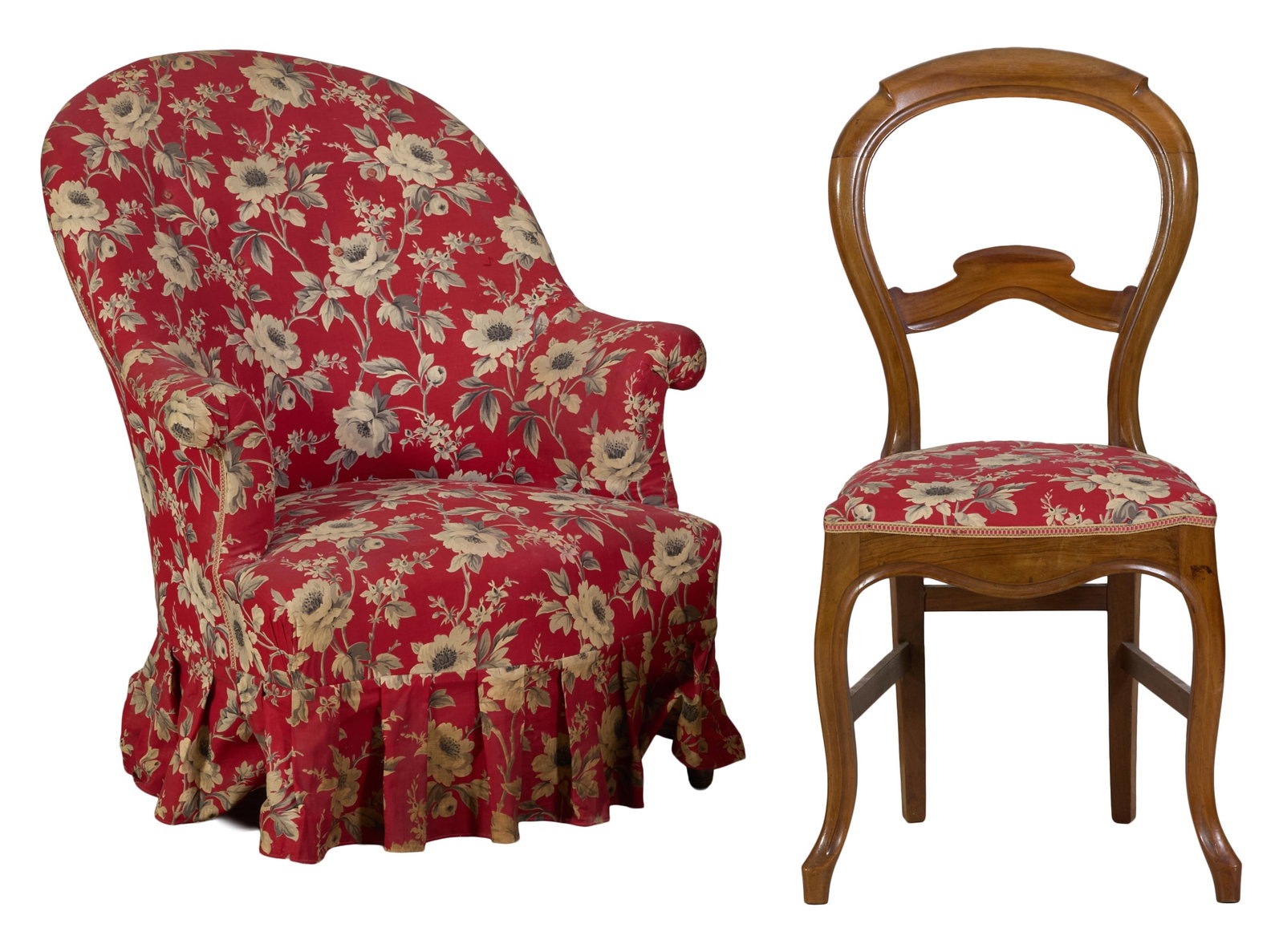 Two French Floral Upholstered Chairs, mid/late 19th c., Bergere- H.- 34 in., W.- 29 in., D.- 29 in.; (1 of 3)