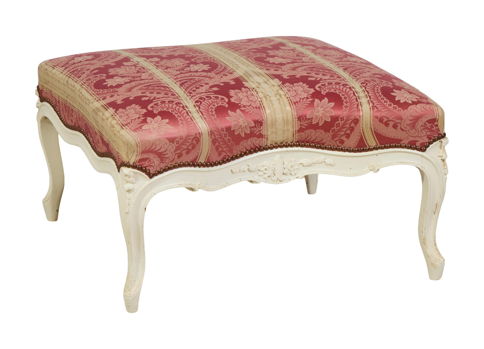 French Louis XV Style Creme Peinte Ottoman, mid 20th c., H.- 16 in., W.- 26 in., D.- 29 in. (1 of 2)