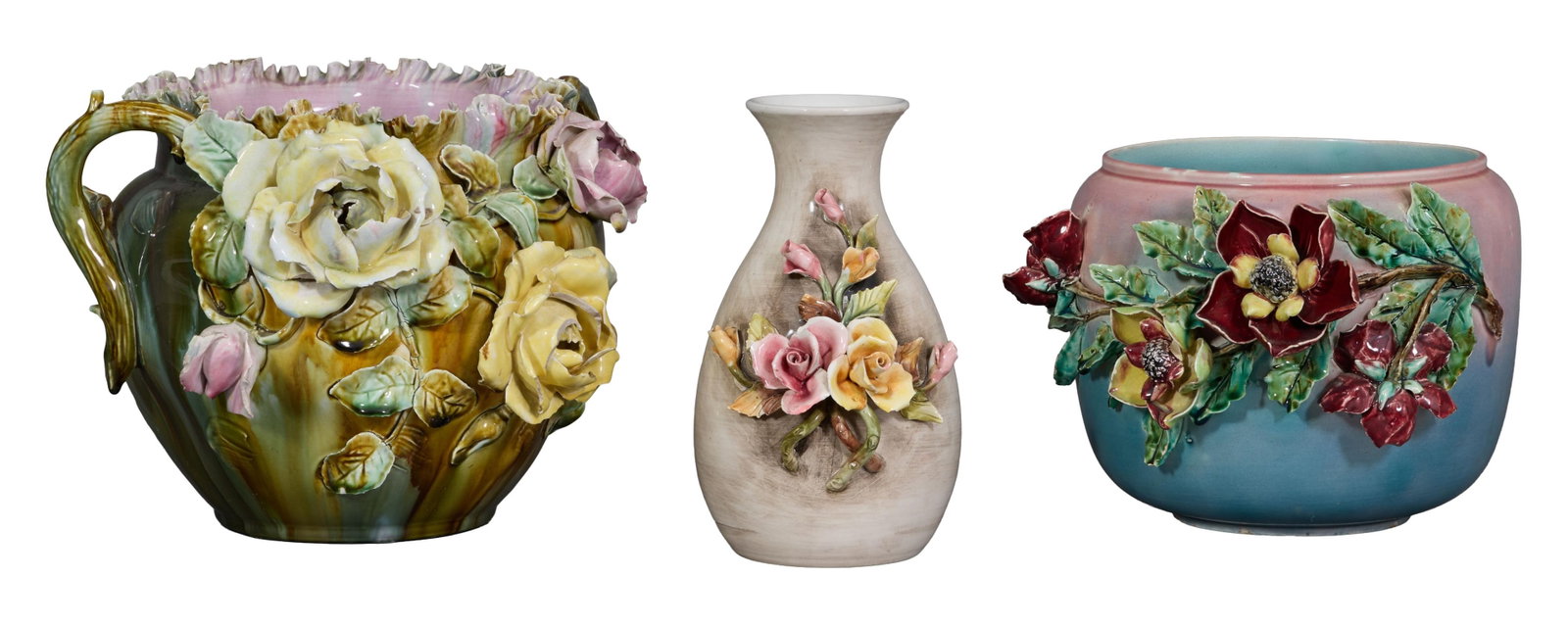 Three Pieces of Continental Faience, c. 1900, Vase- H.- 10 in., Dia.- 5 in.; Larger Jardiniere- H.- (1 of 5)