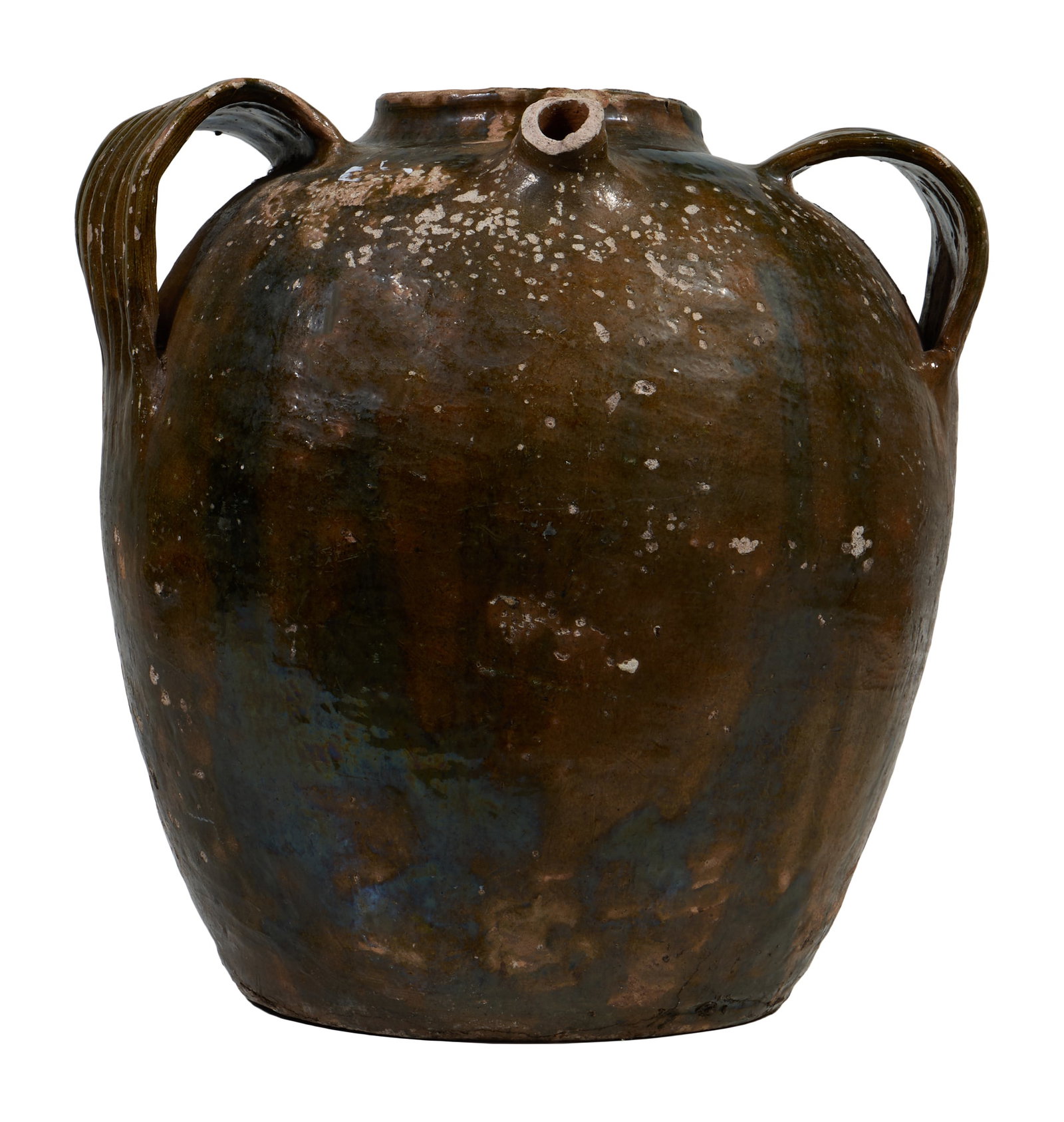 French Provincial Glazed Earthenware Walnut Oil Jar, mid 19th c., H.- 16 1/4 in., W.- 17 in., D.- 16 (1 of 2)