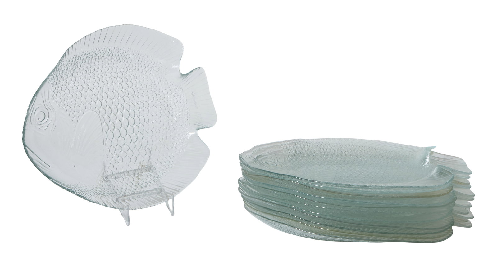 Twelve Piece Molded Glass Assembled Large Fish Plate Set, late 20th c., Each- H.- 1 1/2 in., W.- 15: Twelve Piece Molded Glass Assembled Large Fish Plate Set, late 20th c., of sunfish form, variously marked, Each- H.- 1 1/2 in., W.- 15 1/2 in., D.- 12 1/2 in. (12 Pcs.)