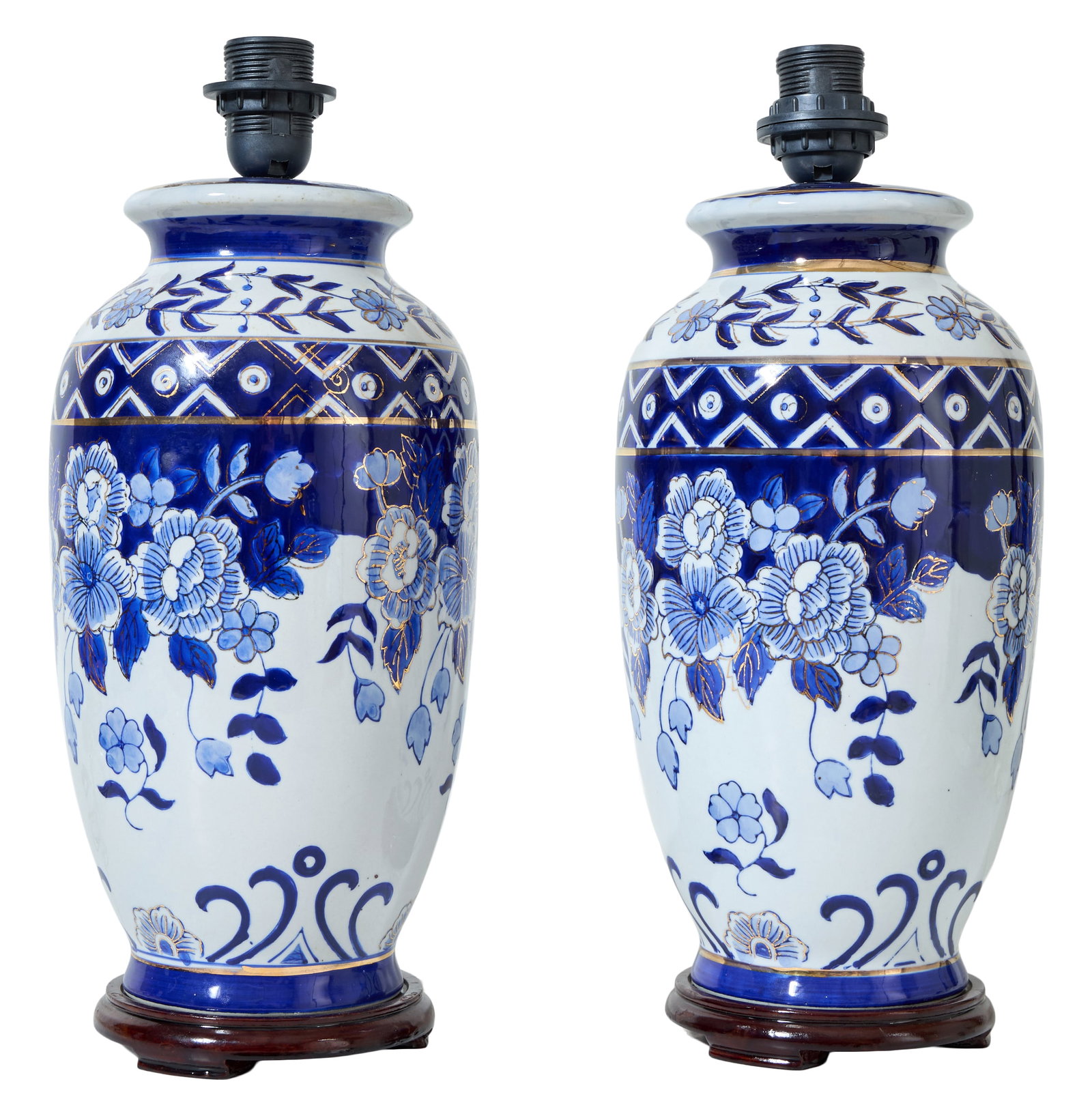 Pair of Continental Blue and White Baluster Vases on Stands, late 20th c., Each- H.- 17 1/4 in., (1 of 2)