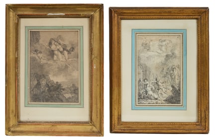 Two Antique French Engravings, H.- 10 in., W.- 7 1/4 in., Framed- H.- 15 3/8 in., W.- 11 3/8 in. (2