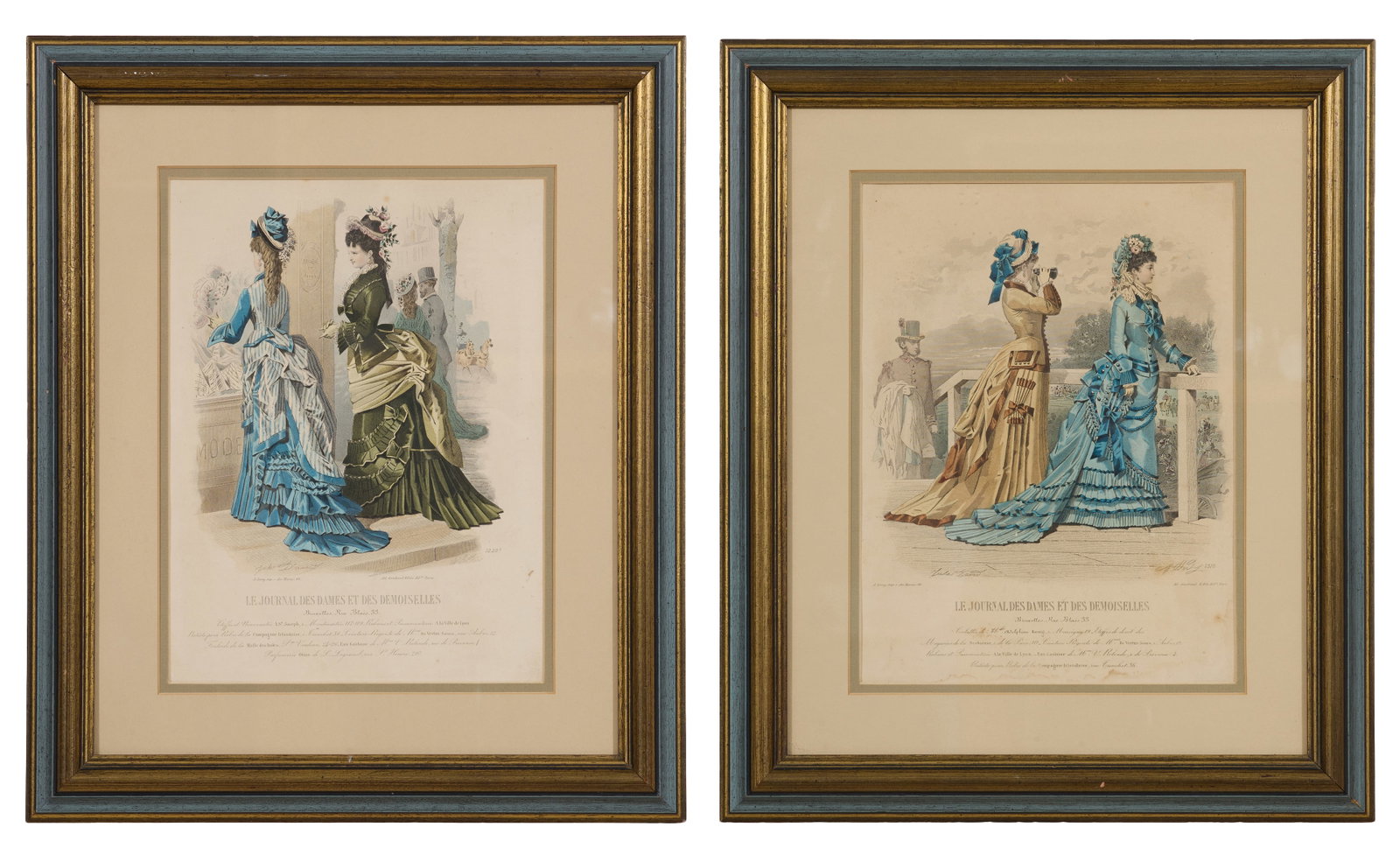 Two French Fashion Engravings from the "Journal des Dames and Demoiselles," c. 1875-1876, Each-: Two French Fashion Engravings from the "Journal des Dames and Demoiselles," c. 1875-1876, each color engraving on paper, presented in matching wood frames, Each- Sight- H.-11 5/8 in., W.- 8 5/8 in., F