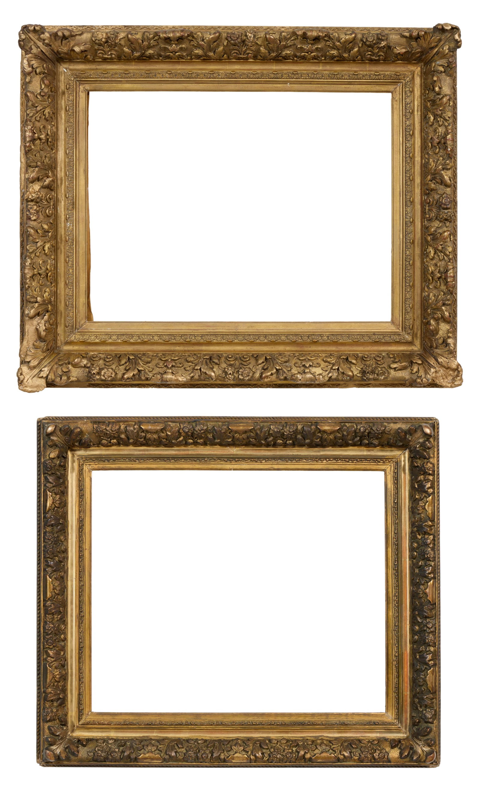 Two Antique Gesso and Giltwood Frames, 19th c., H.- 30 3/4 in., W.- 25 in. and H.- 28 3/4 in., W.- (1 of 5)