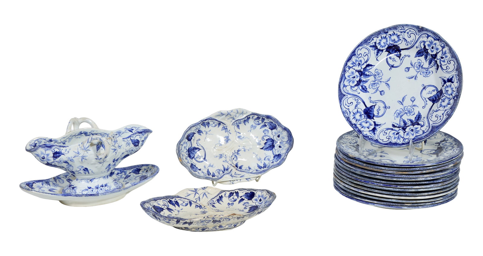 Seventeen Pieces of French Blue and White Faience, 19th c., Plates- H.- 1 in., Dia.- 9 in. (17 Pcs.) (1 of 4)