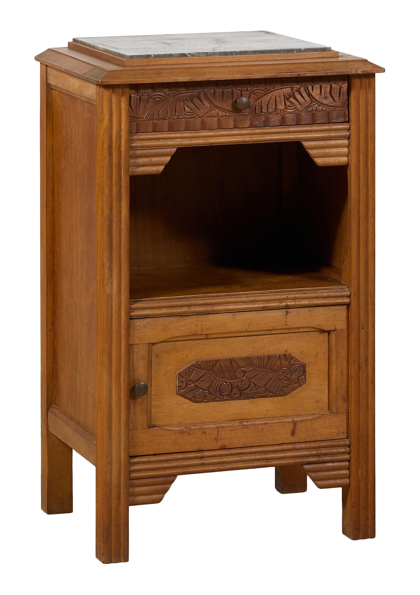 French Art Nouveau Marble Top Nightstand, early 20th c., H.- 29 in., W.- 18 in., D.- 14 in. (1 of 2)
