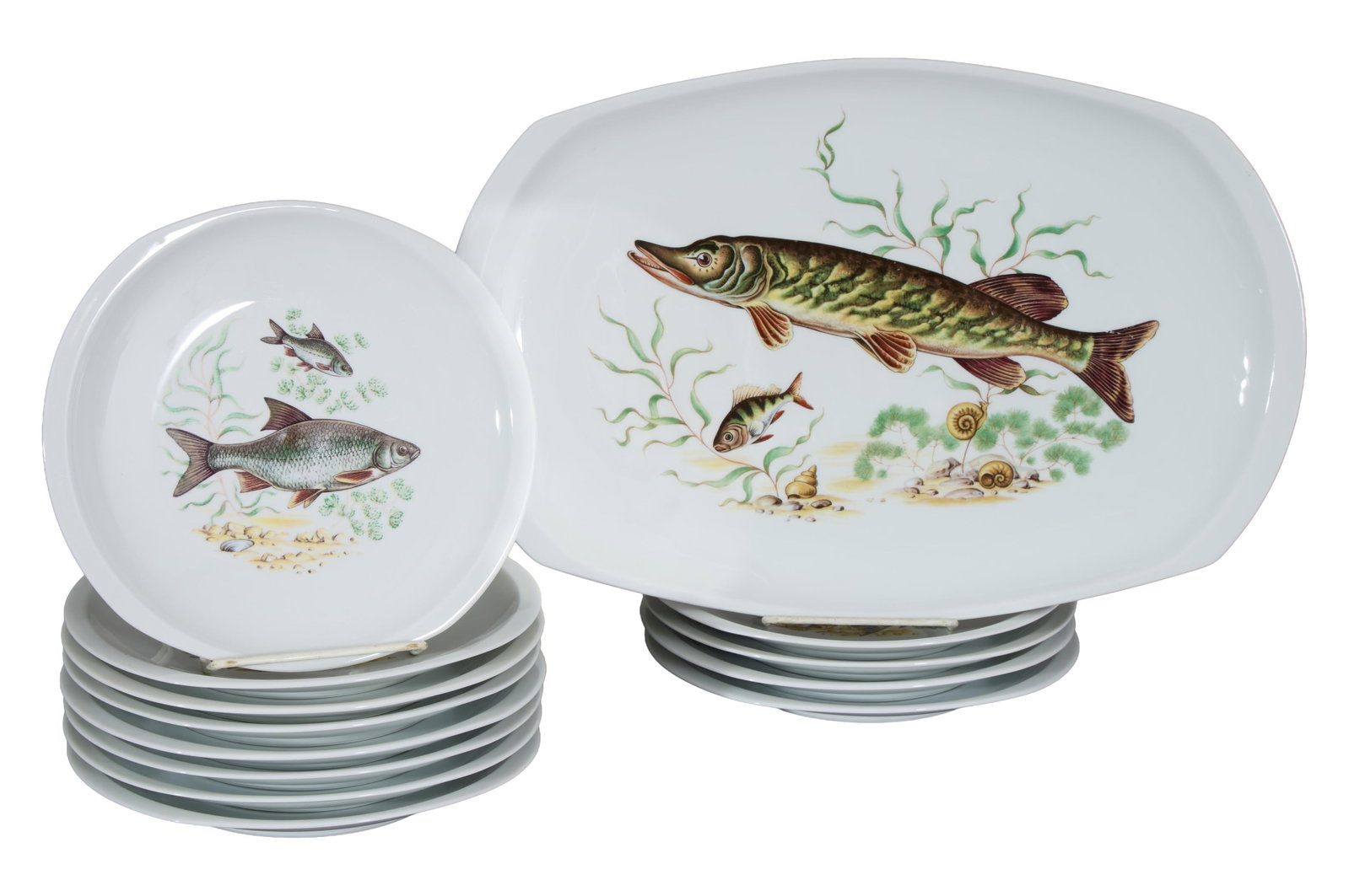 Thirteen Piece French Limoges Porcelain Fish Set, 20th c., Plates- H.- 1 in., Dia.- 8 1/4 in.; (1 of 6)